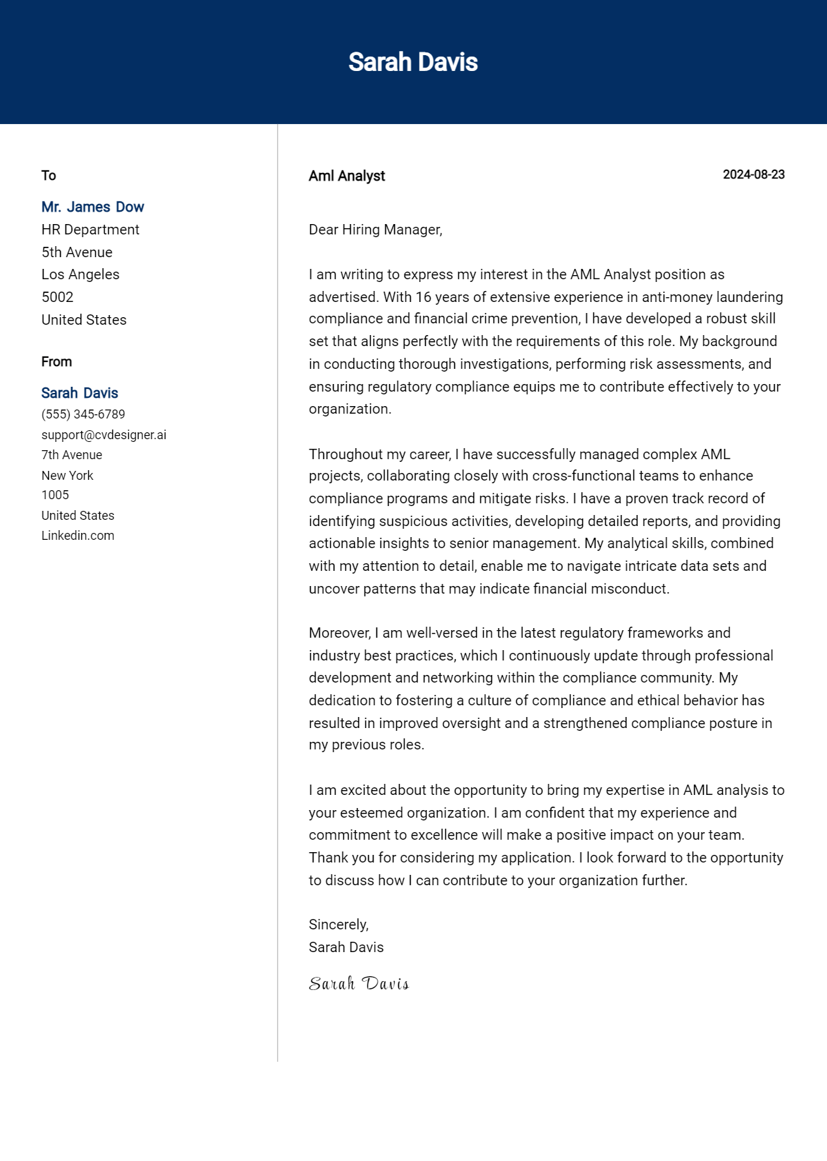AML Analyst Cover Letter Examples & Samples for 2026 Preview