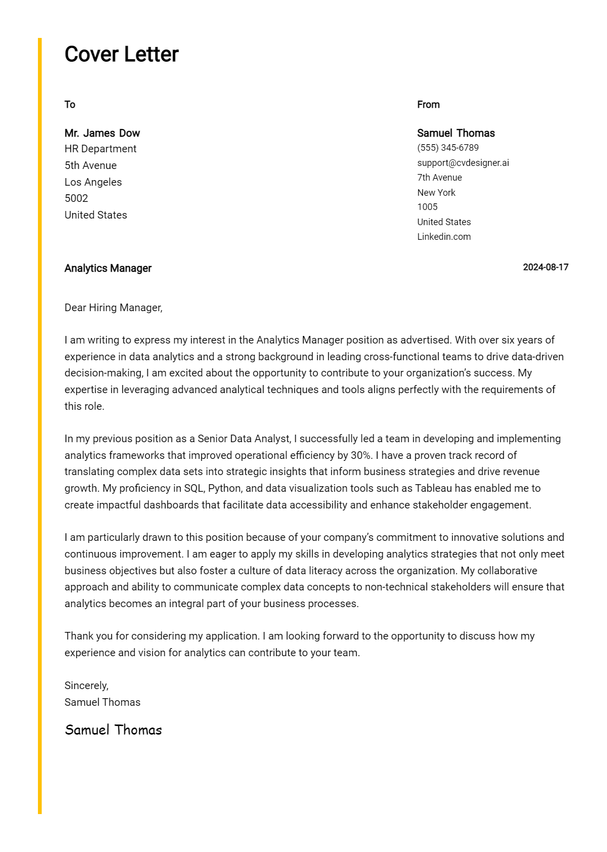 Analytics Manager Cover Letter Samples & Examples 2026 Preview