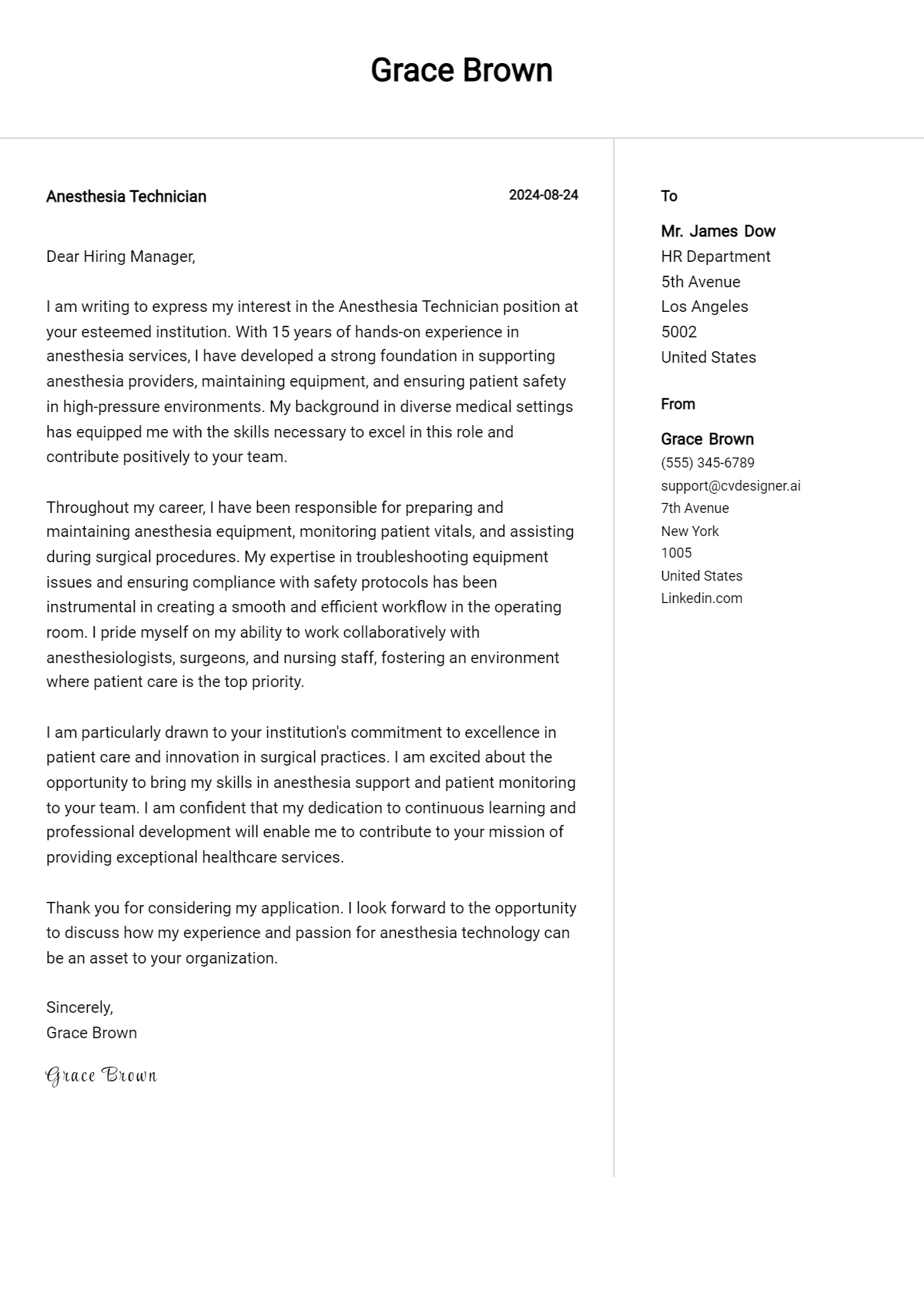 Anesthesia Technician Cover Letter Example for 2026 (Writing Guide) Preview