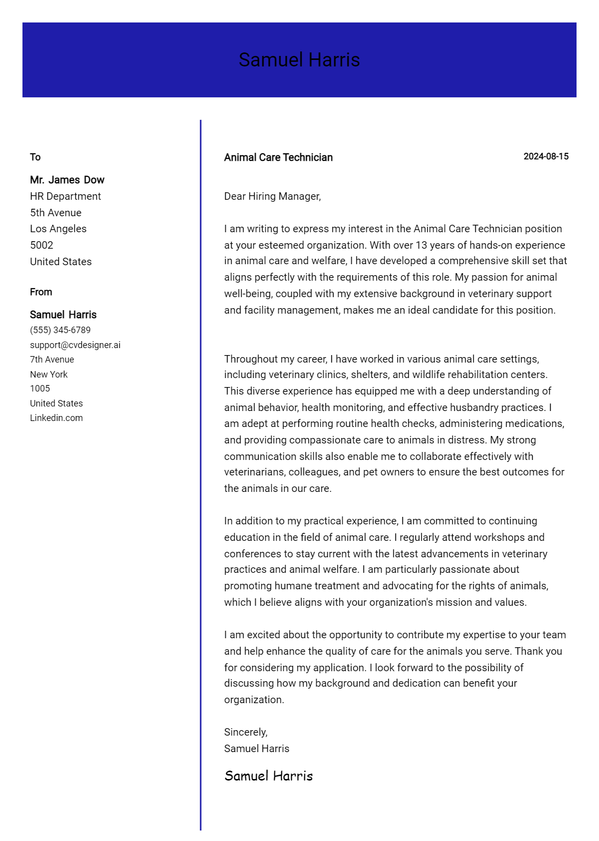 Animal Care Technician Cover Letter Example for 2026: Free Templates Preview
