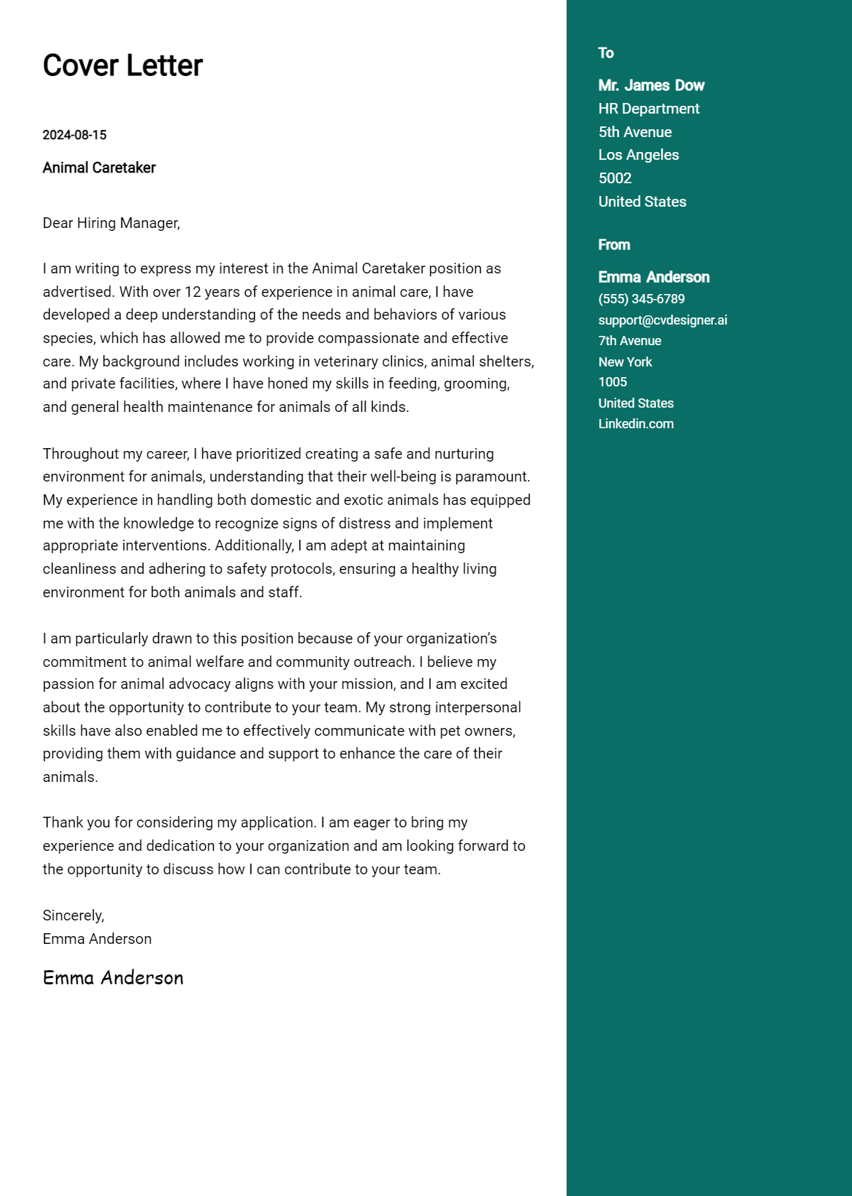 Animal Caretaker Cover Letter Example for 2026: Top CV Skills Preview