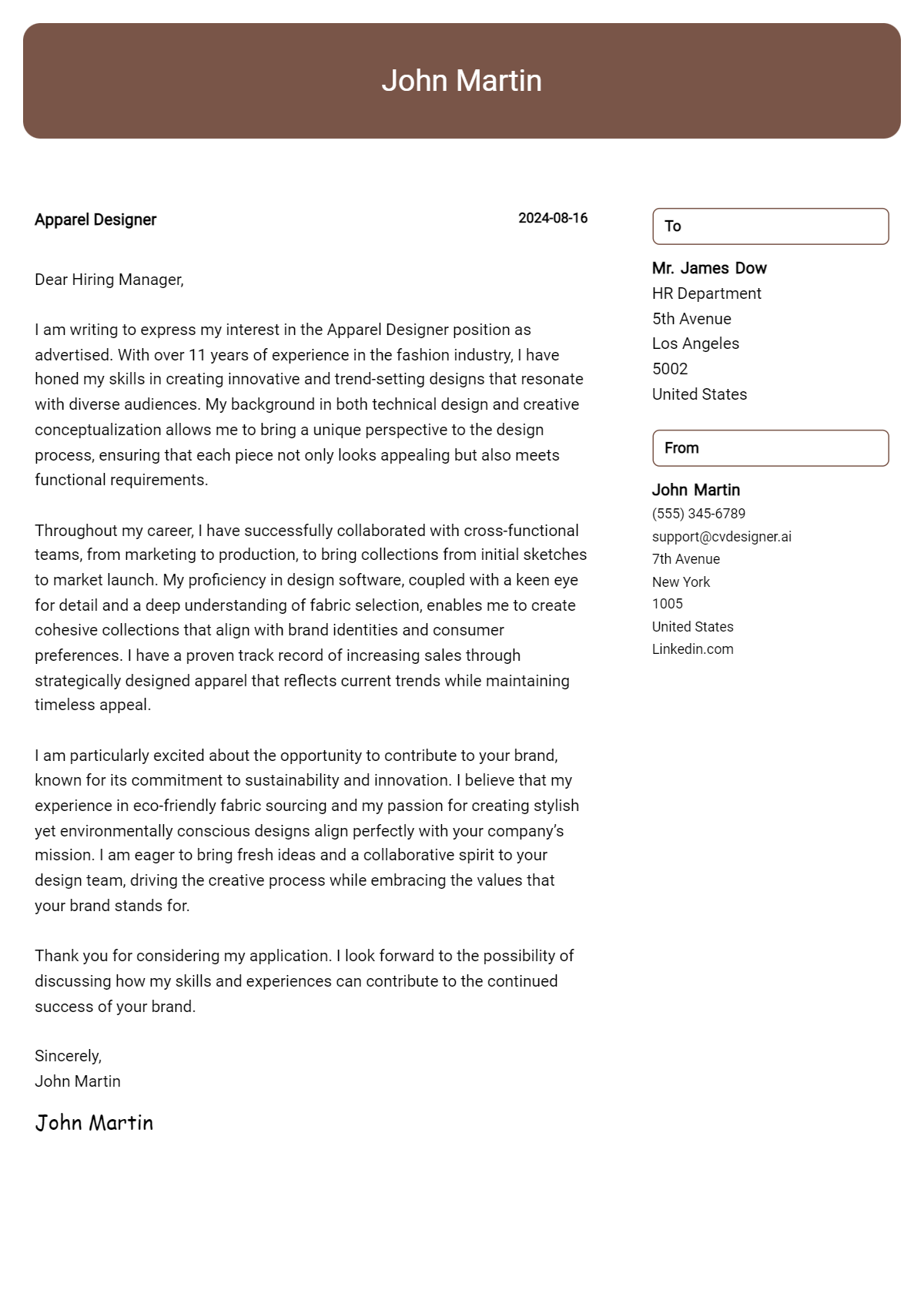 Apparel Designer Cover Letter Example for 2026 (Download Templates) Preview