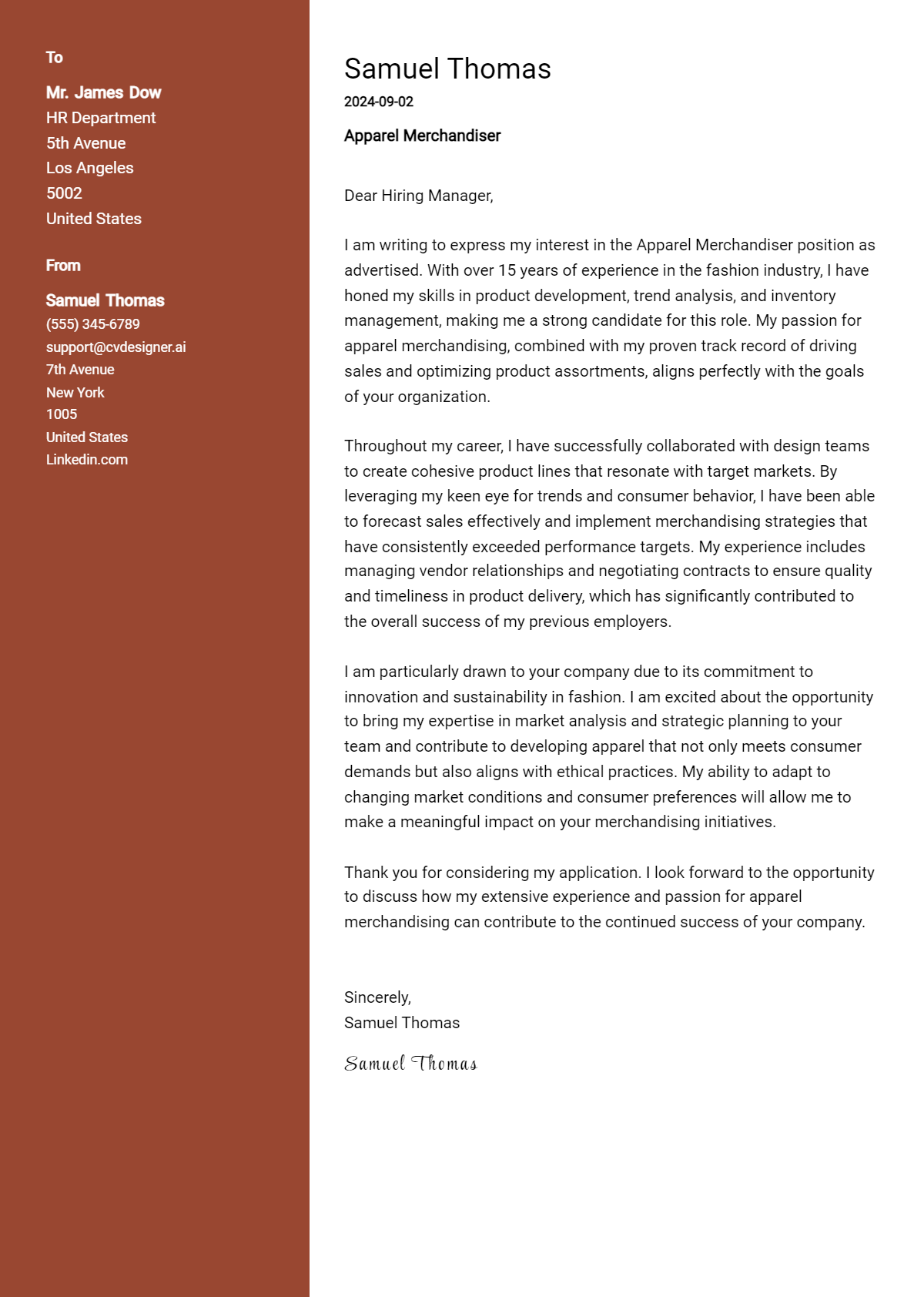 Apparel Merchandiser Cover Letter Example for 2026 (Writing Guide) Preview