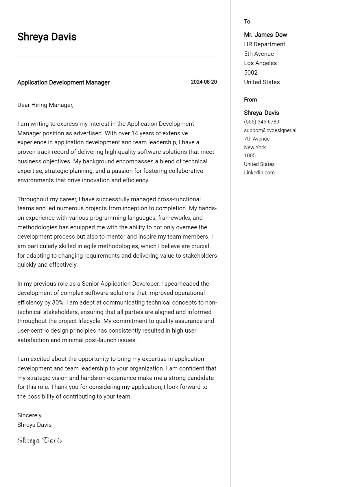 Application Development Manager Cover Letter Example for 2026 (Download Templates) Preview