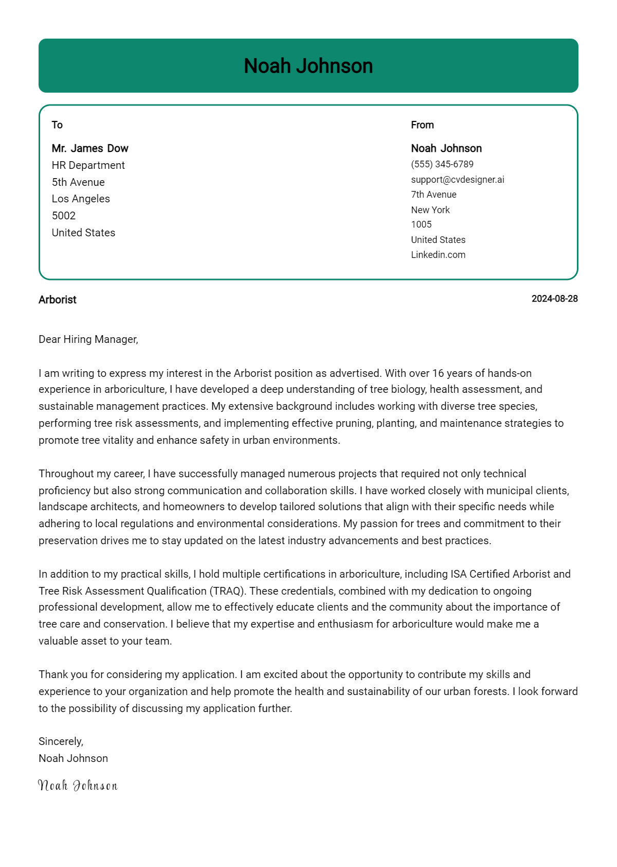 Arborist Cover Letter Example for 2026 (Download Templates) Preview