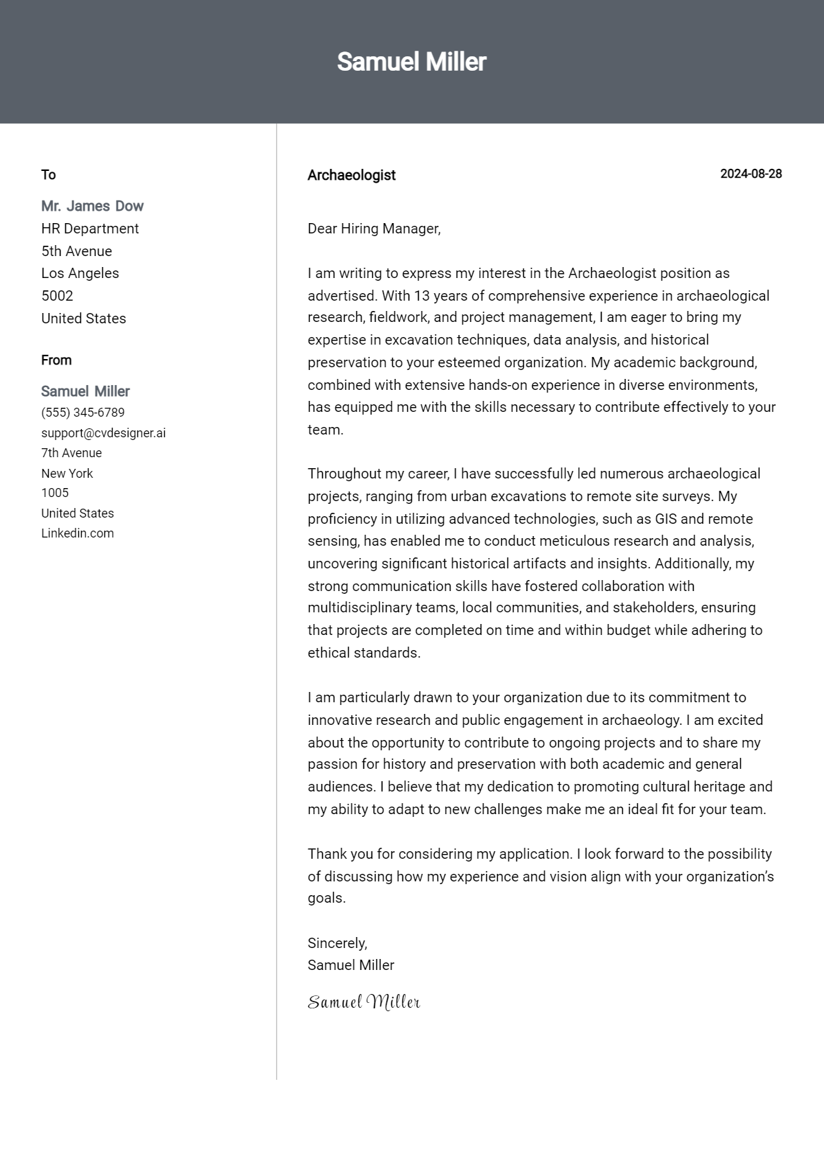 Archaeologist Cover Letter Example for 2026: Tips & Templates Preview