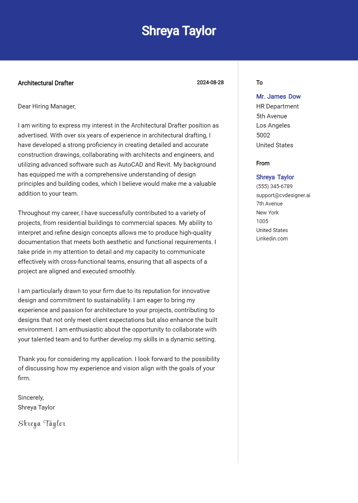 Architectural Drafter Cover Letter Example for 2026 (Download Templates) Preview