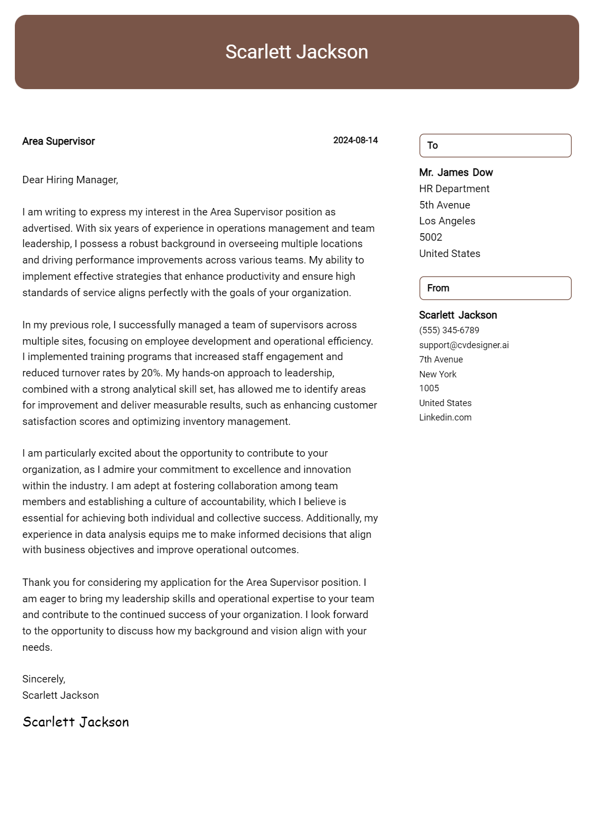 Area Supervisor Cover Letter Example for 2026: Free Templates Preview