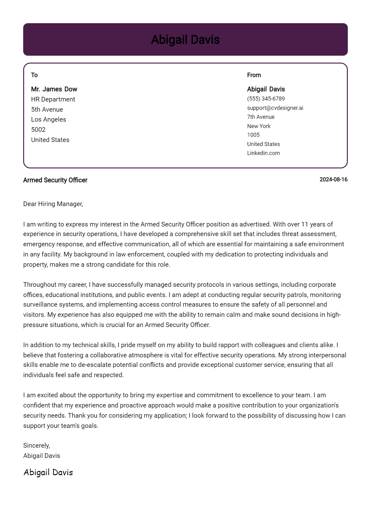 Armed Security Officer Cover Letter Samples & Examples 2026 Preview