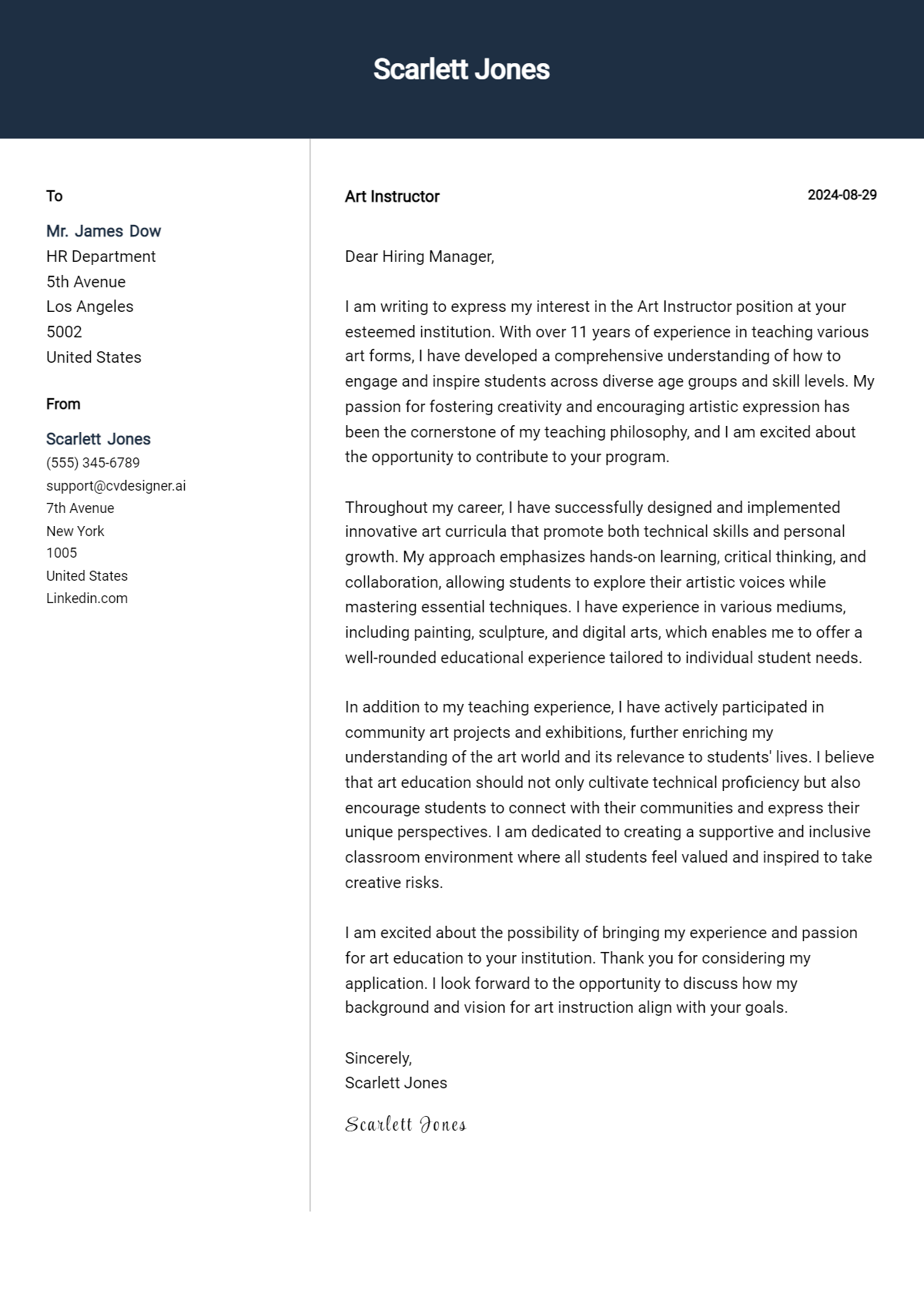 Art Instructor Cover Letter Examples and Templates for 2026 Preview