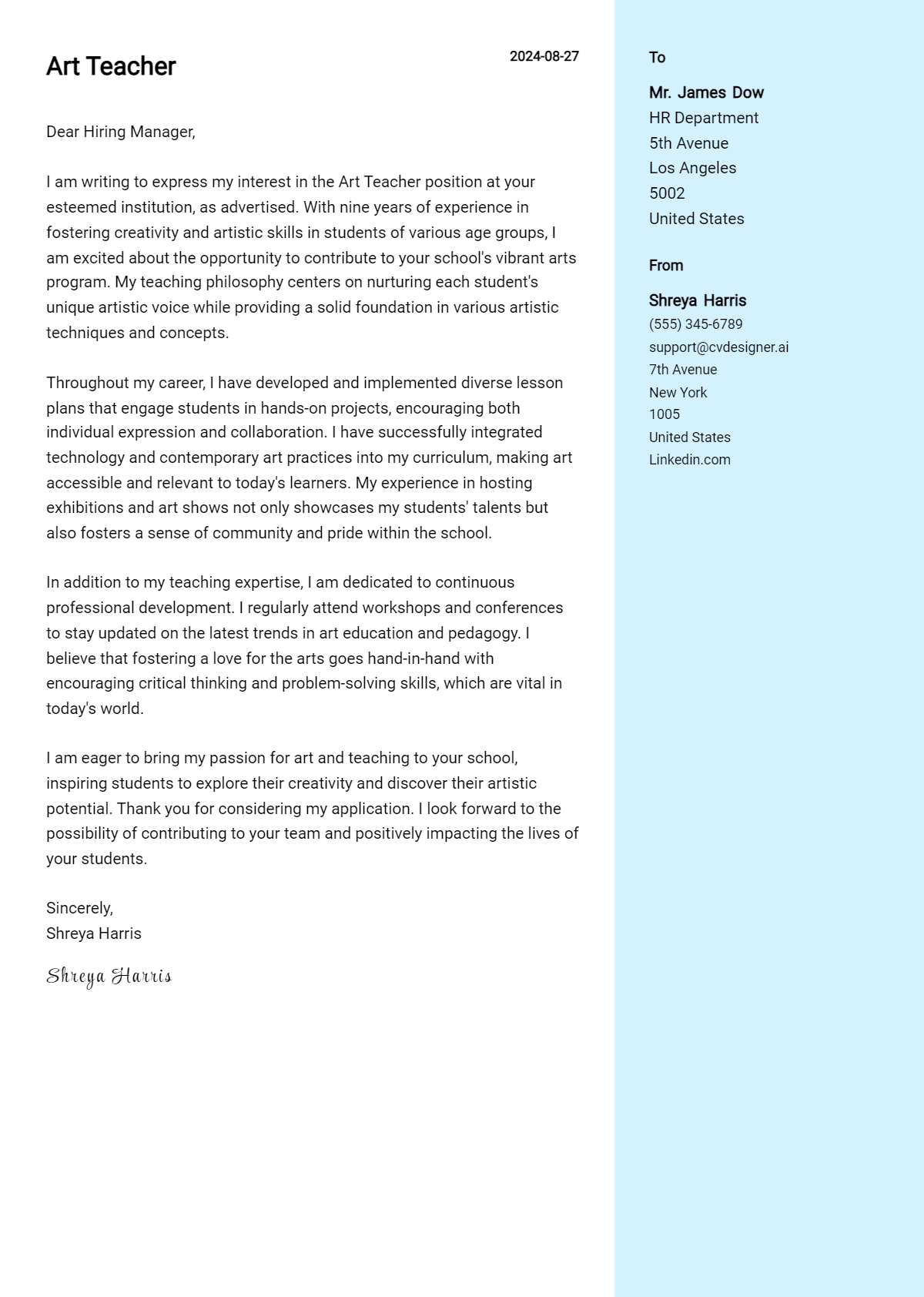 Art Teacher Cover Letter Example for 2026: Expert Tips & Templates Preview