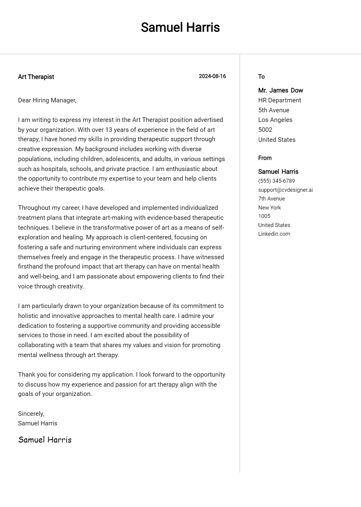 Art Therapist Cover Letter Example for 2026 (Download Templates) Preview
