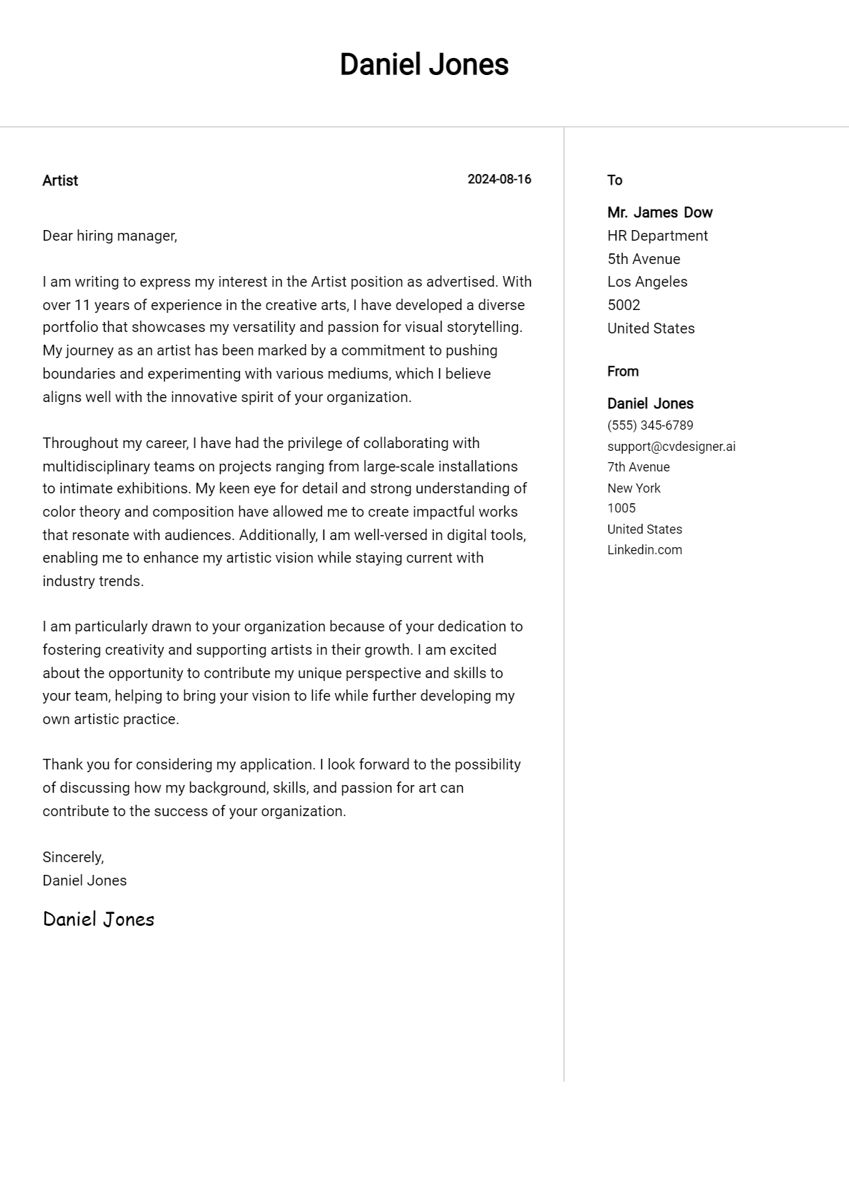 Artist Cover Letter Example for 2026: Top CV Skills Preview