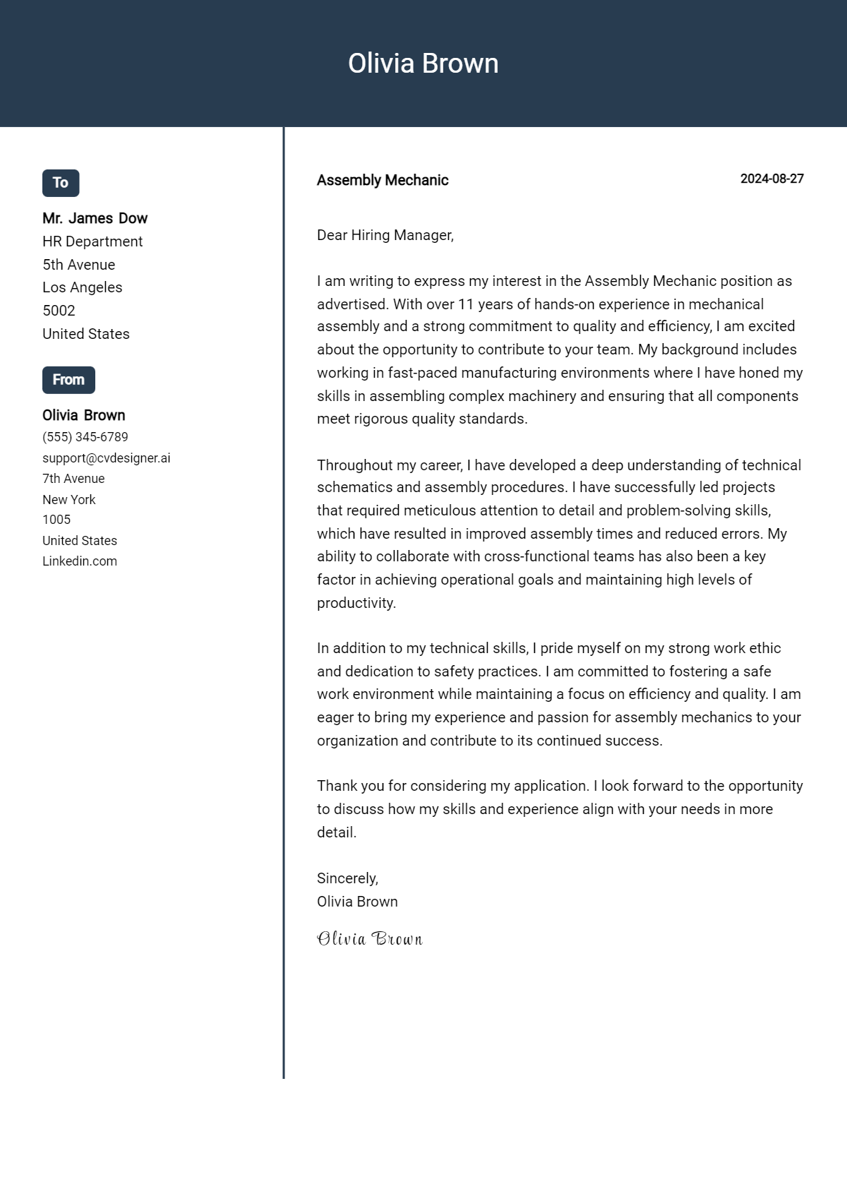 Assembly Mechanic Cover Letter Samples & Examples 2026 Preview