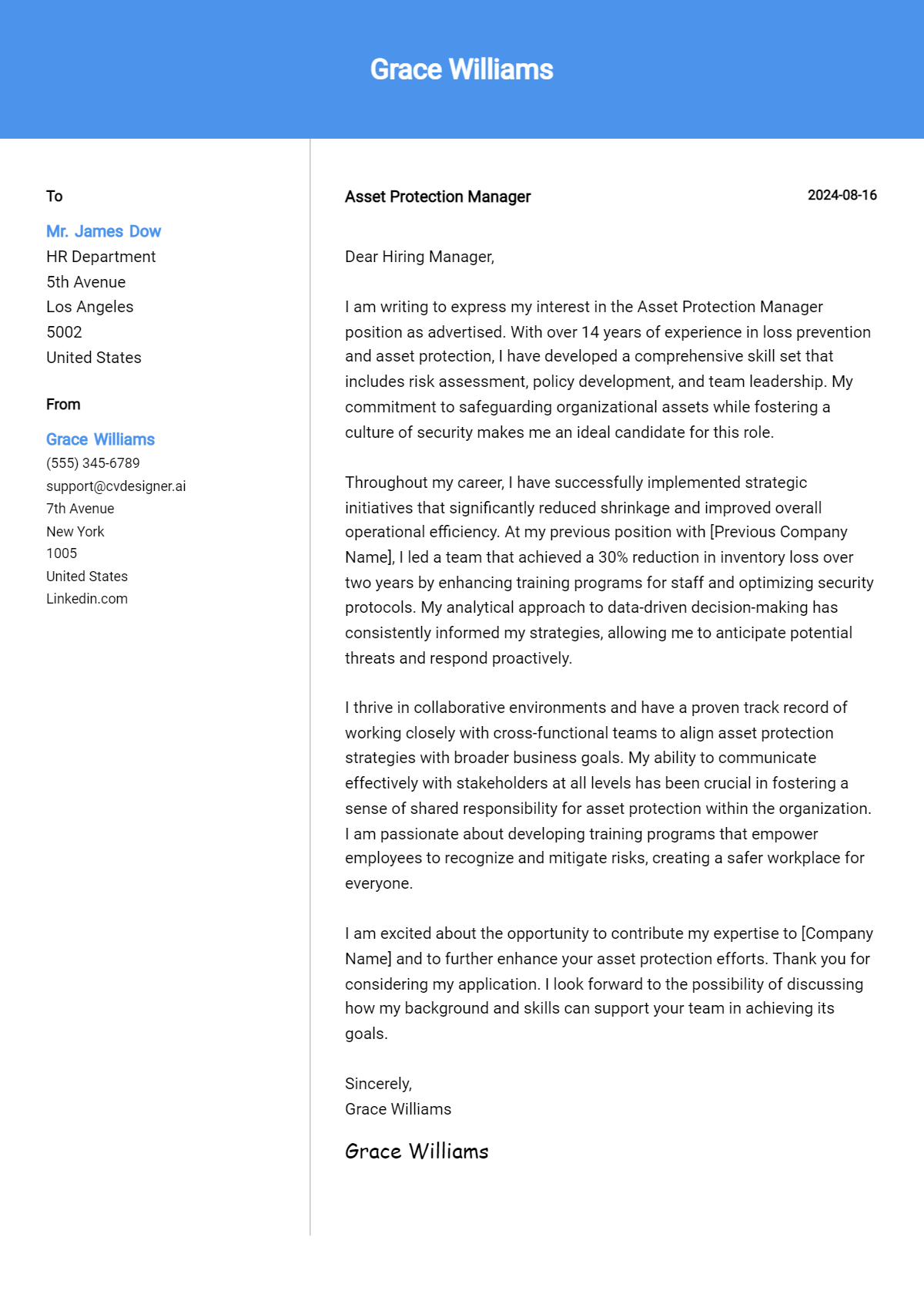 Asset Protection Manager Cover Letter Example for 2026 (Writing Guide) Preview