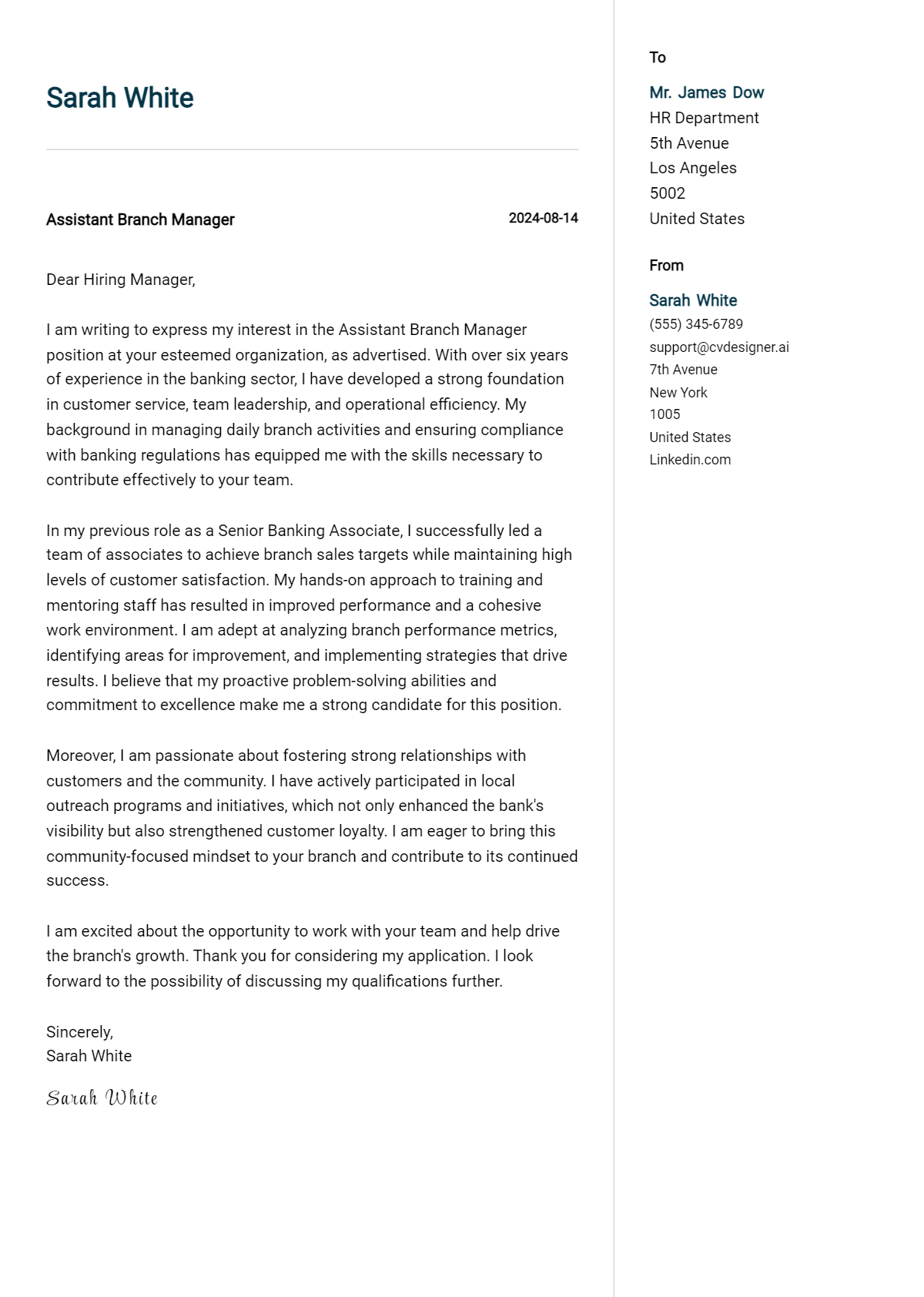 Assistant Branch Manager Cover Letter Examples & Samples for 2026 Preview