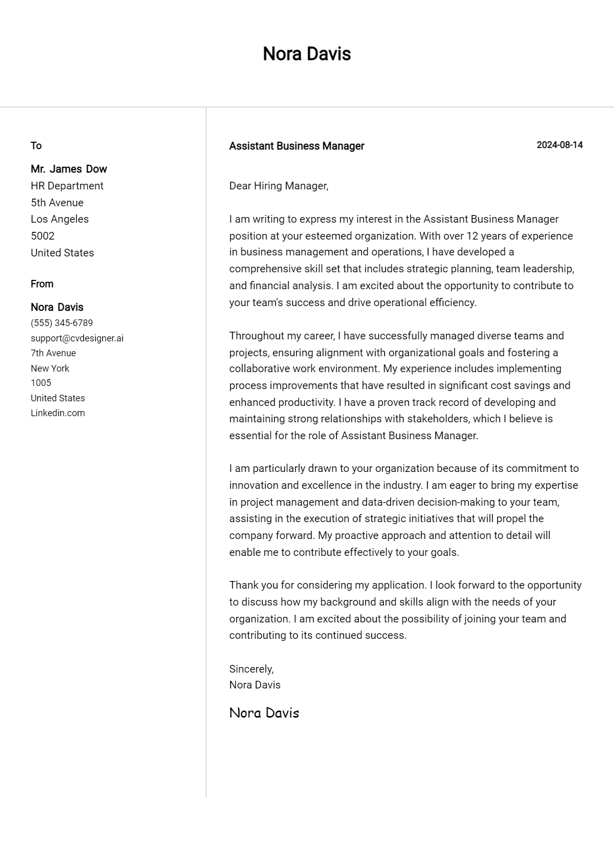 Assistant Business Manager Cover Letter Example for 2026 (Free Templates) Preview