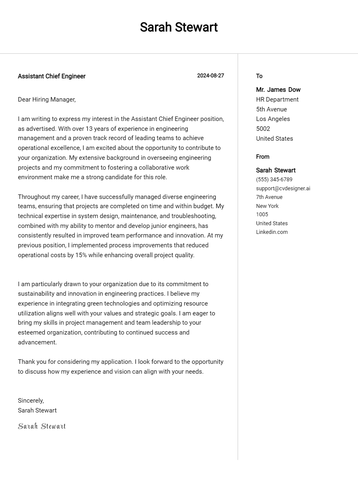 Assistant Chief Engineer Cover Letter Example for 2026: Free Templates Preview