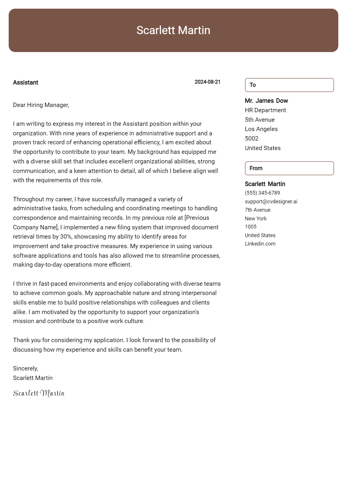 Assistant Cover Letter Examples for 2026 (Downloadable) Preview