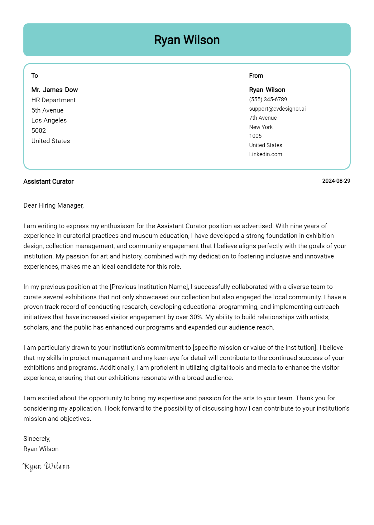 Assistant Curator Cover Letter Examples and Templates for 2026 Preview