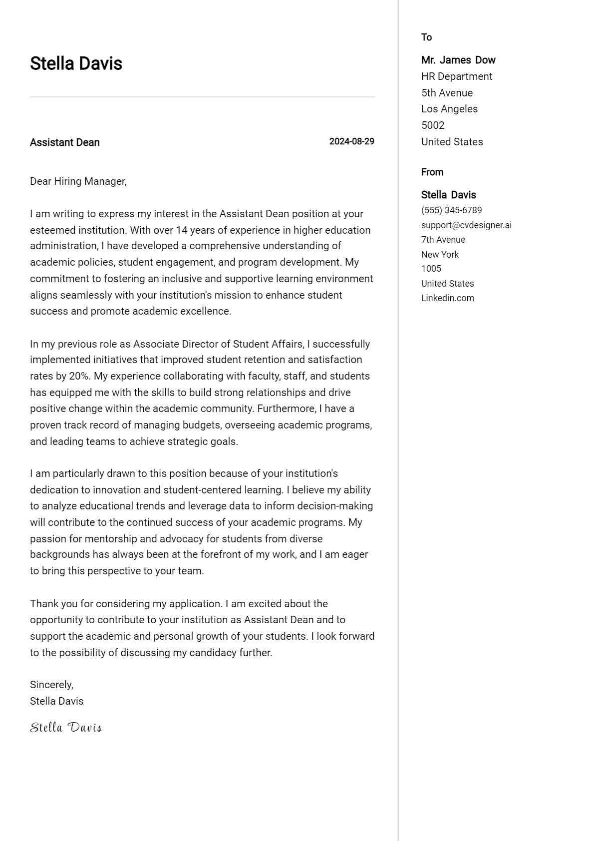 Assistant Dean Cover Letter Example for 2026: Tips & Templates Preview