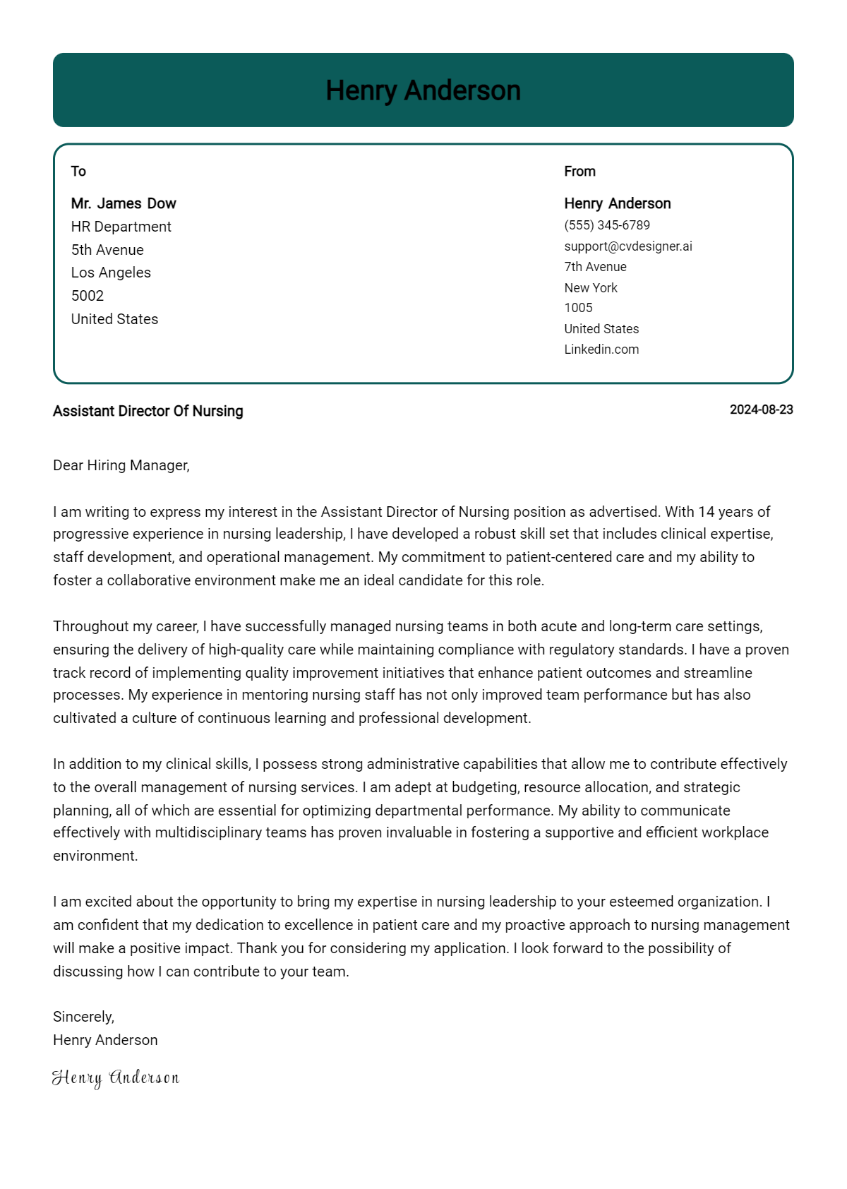 Assistant Director Of Nursing Cover Letter Example for 2026 (Complete Writing Guide) Preview