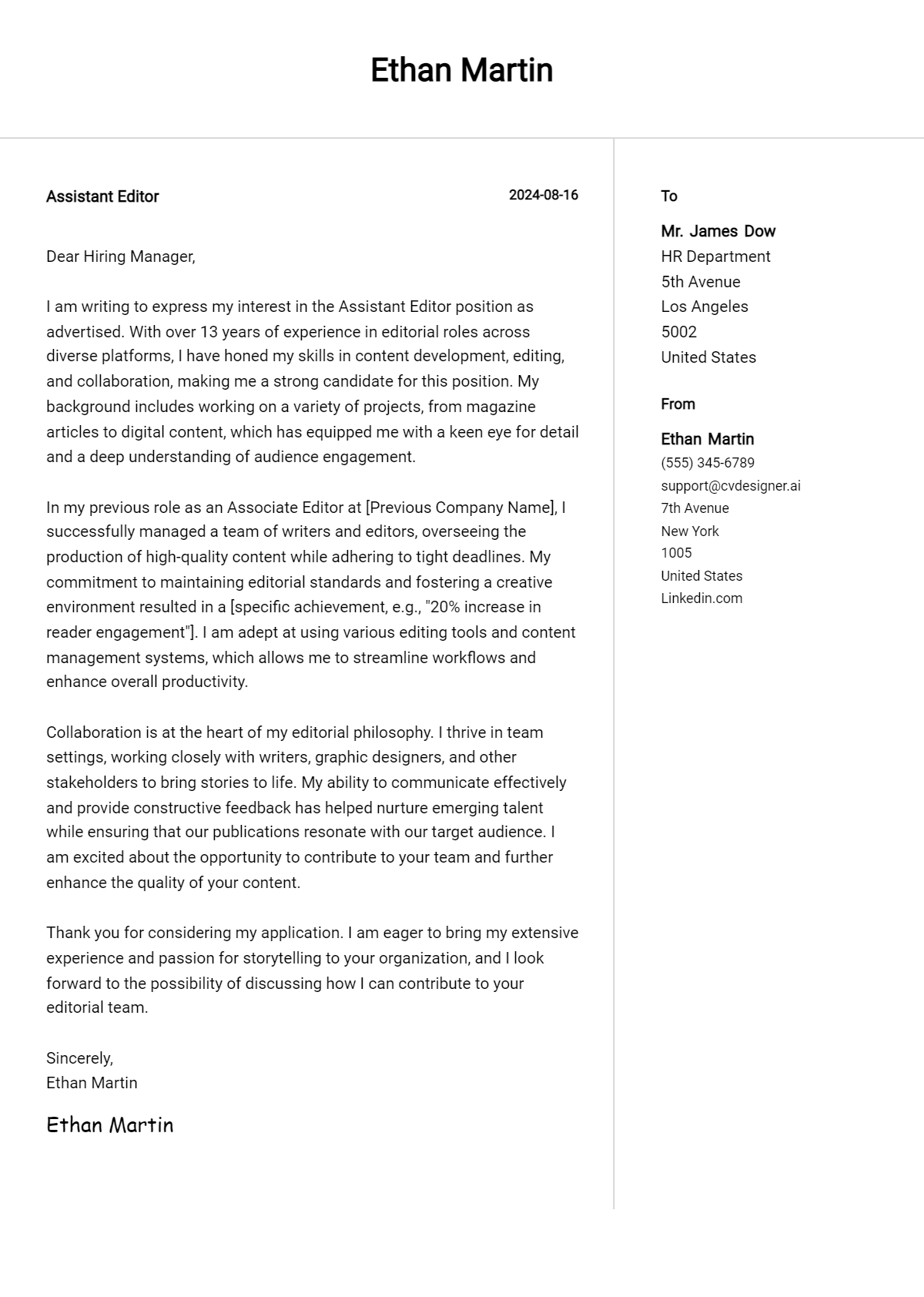 Assistant Editor Cover Letter Example for 2026: Free Templates Preview