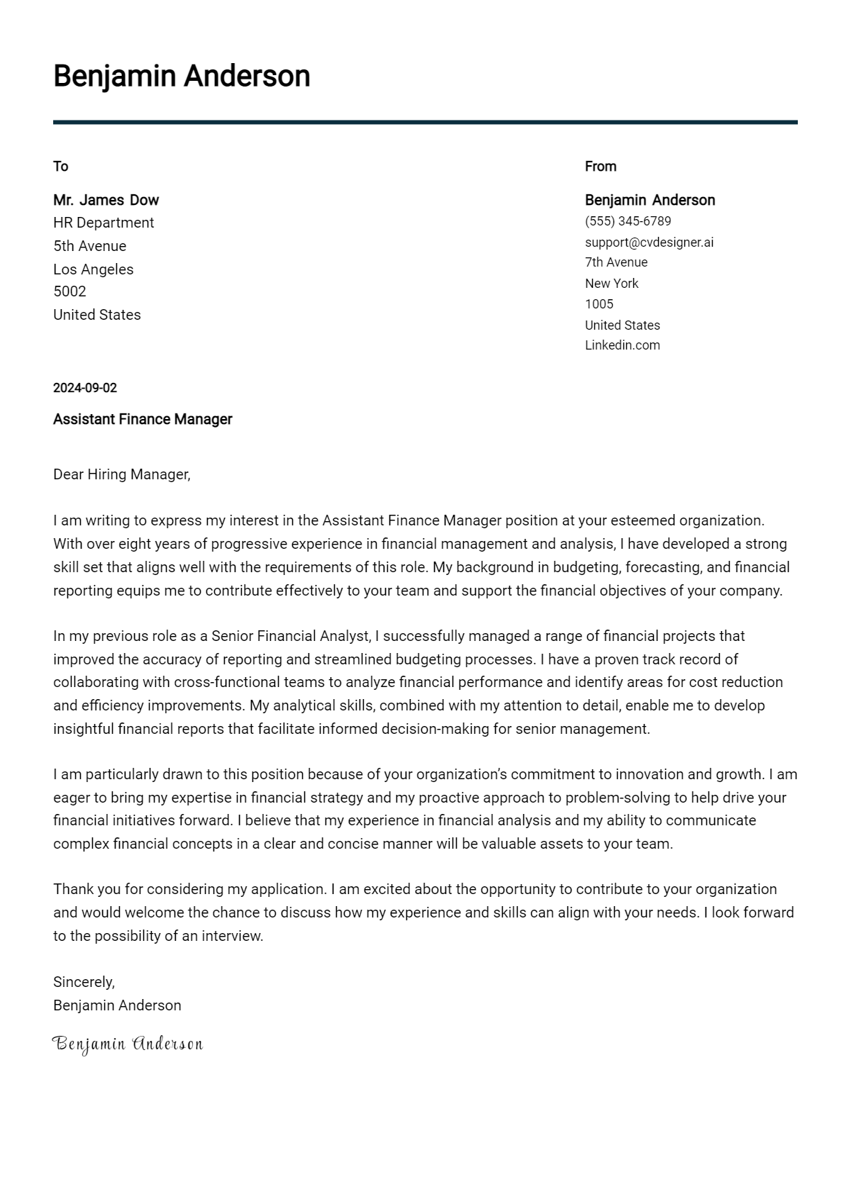 Assistant Finance Manager Cover Letter Examples with Writing Tips for 2026 Preview