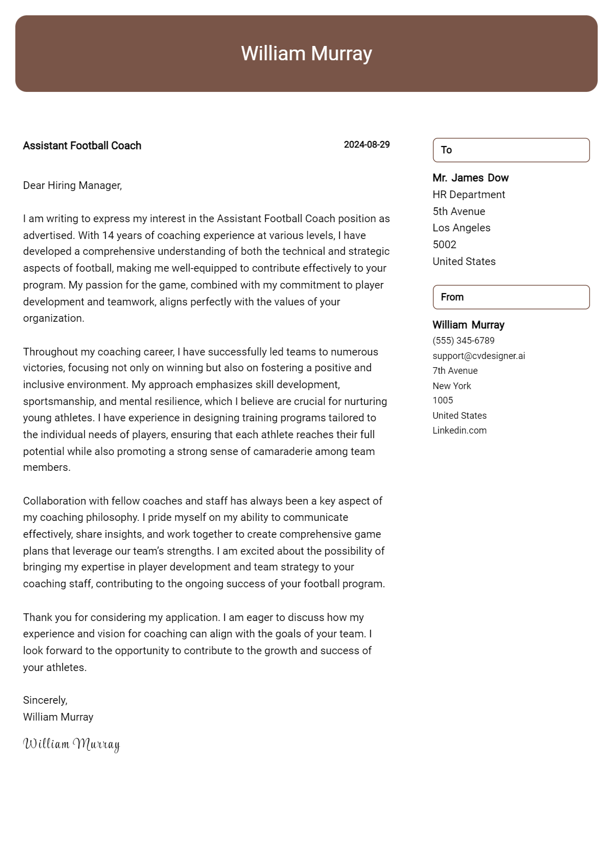 Assistant Football Coach Cover Letter Example for 2026: Free Templates Preview