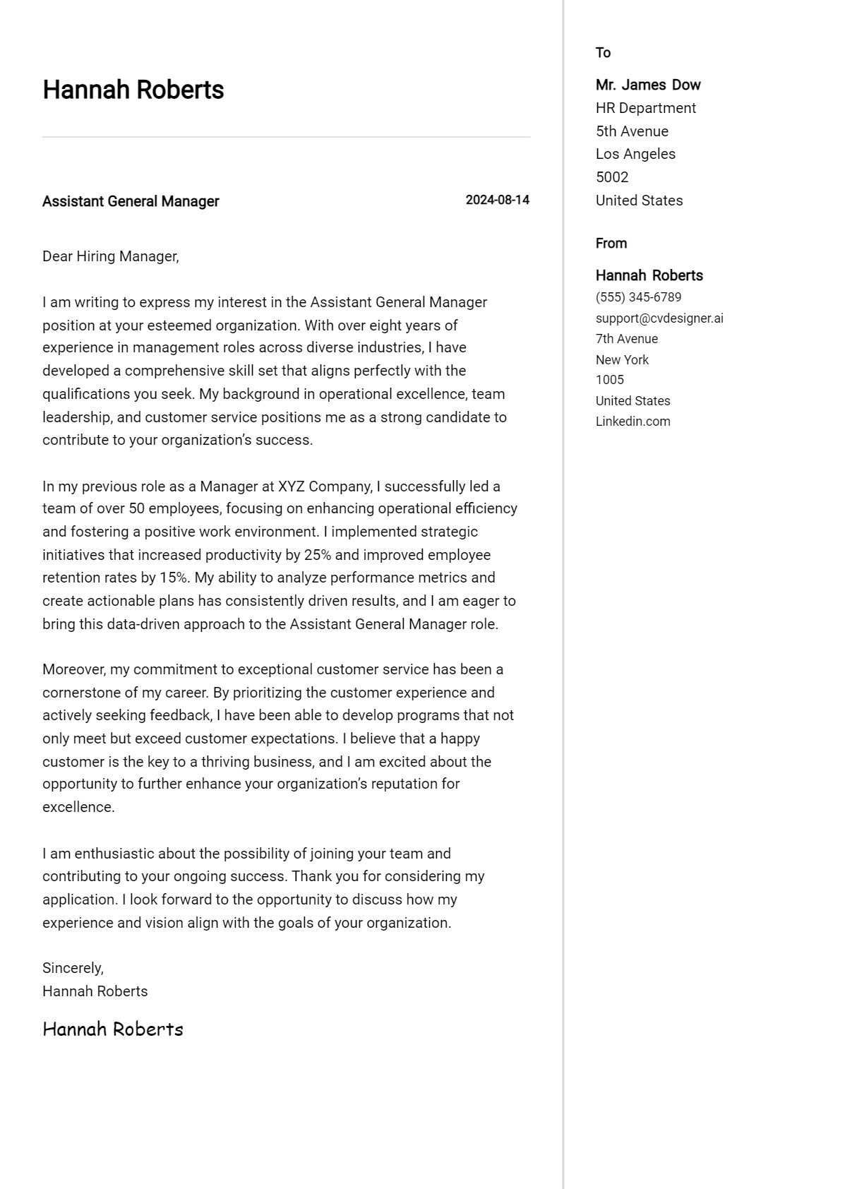 Assistant General Manager Cover Letter Samples & Examples 2026 Preview