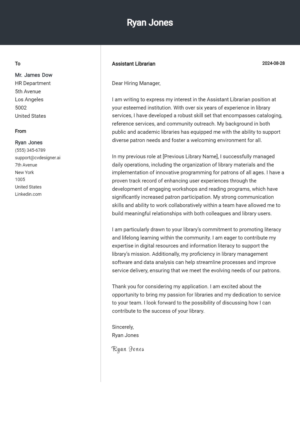 Assistant Librarian Cover Letter Example for 2026: Top CV Skills Preview