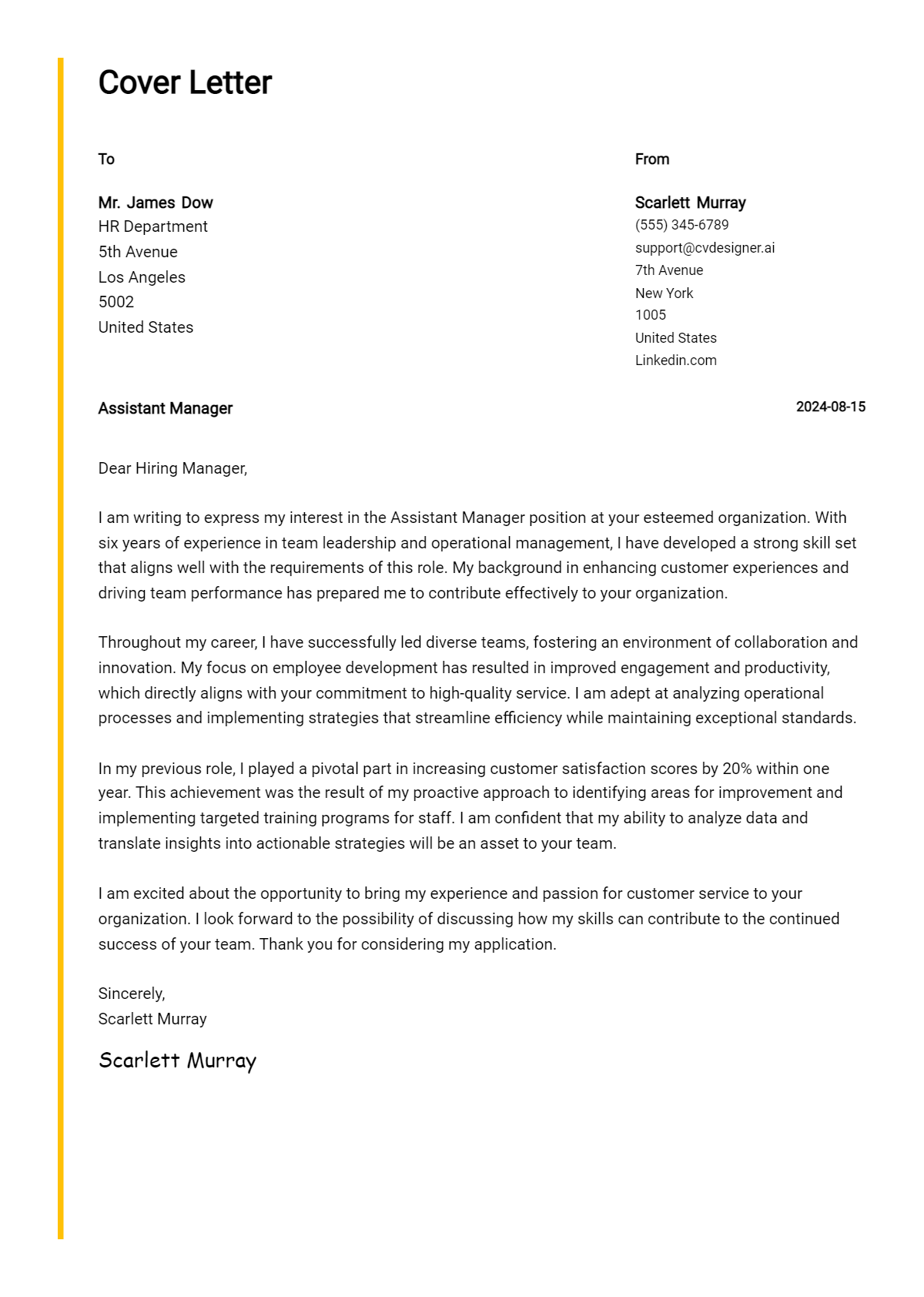 Assistant Manager Cover Letter Example for 2026: Free Templates Preview