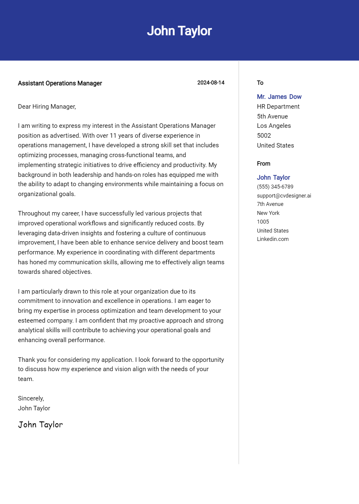 Assistant Operations Manager Cover Letter Examples & Samples for 2026 Preview