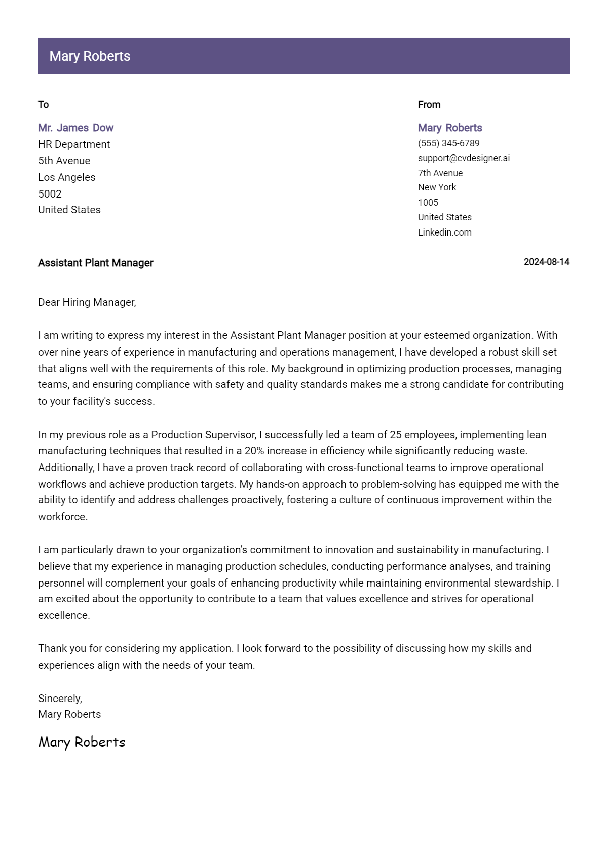 Assistant Plant Manager Cover Letter Samples & Examples 2026 Preview