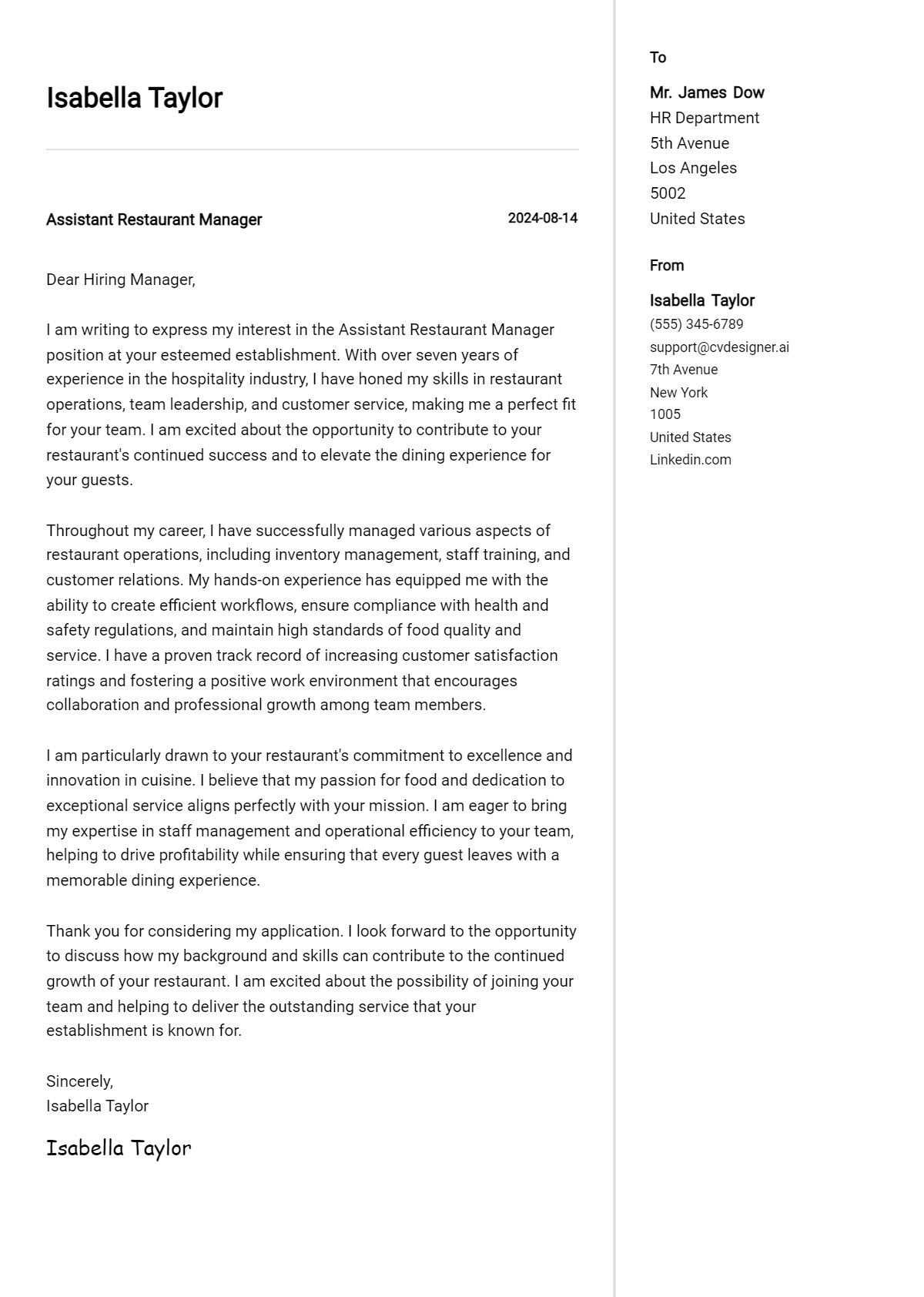 Assistant Restaurant Manager Cover Letter Examples with Writing Tips for 2026 Preview