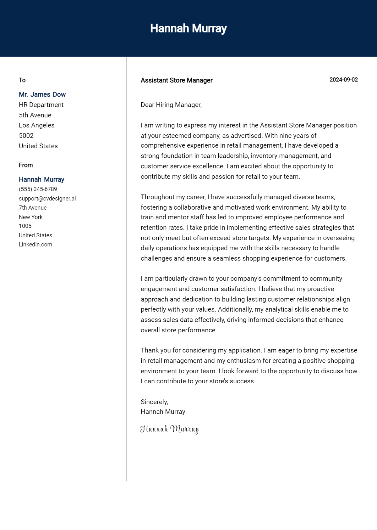 Assistant Store Manager Cover Letter Example for 2026: Free Templates Preview