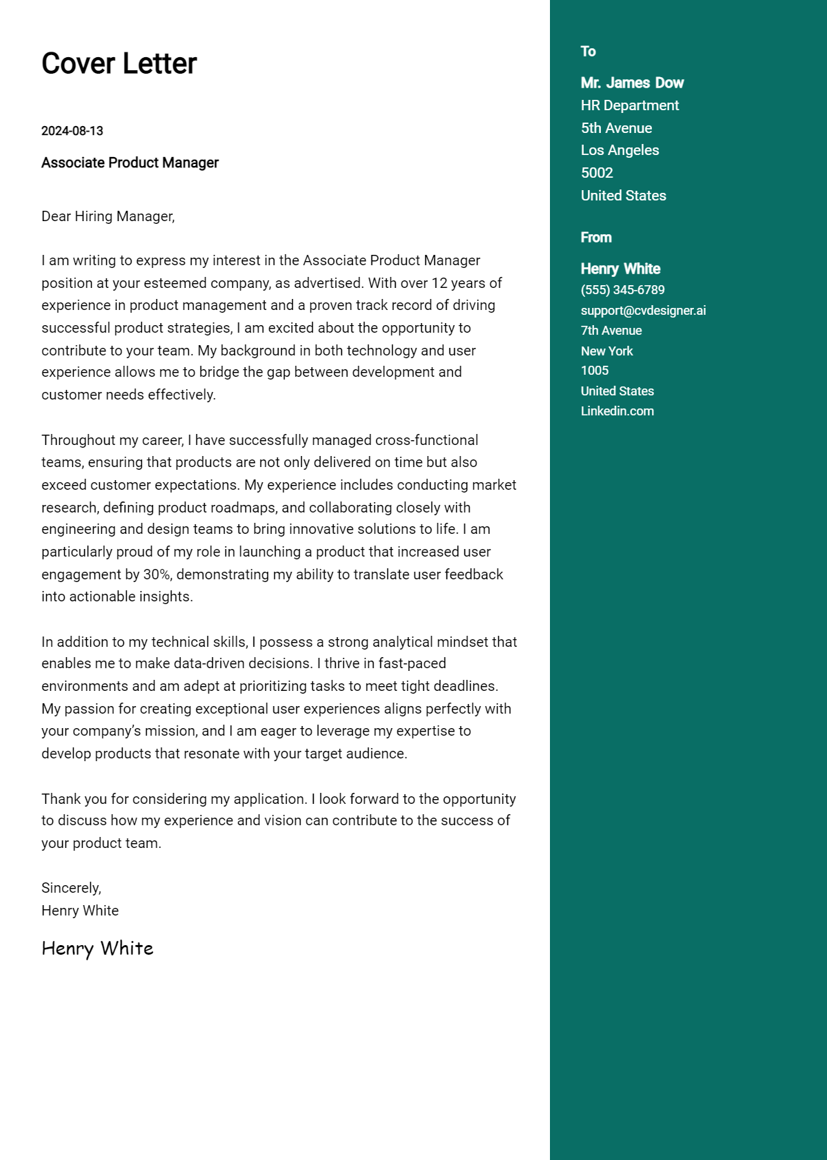 Associate Product Manager Cover Letter Example for 2026 (Free Templates) Preview