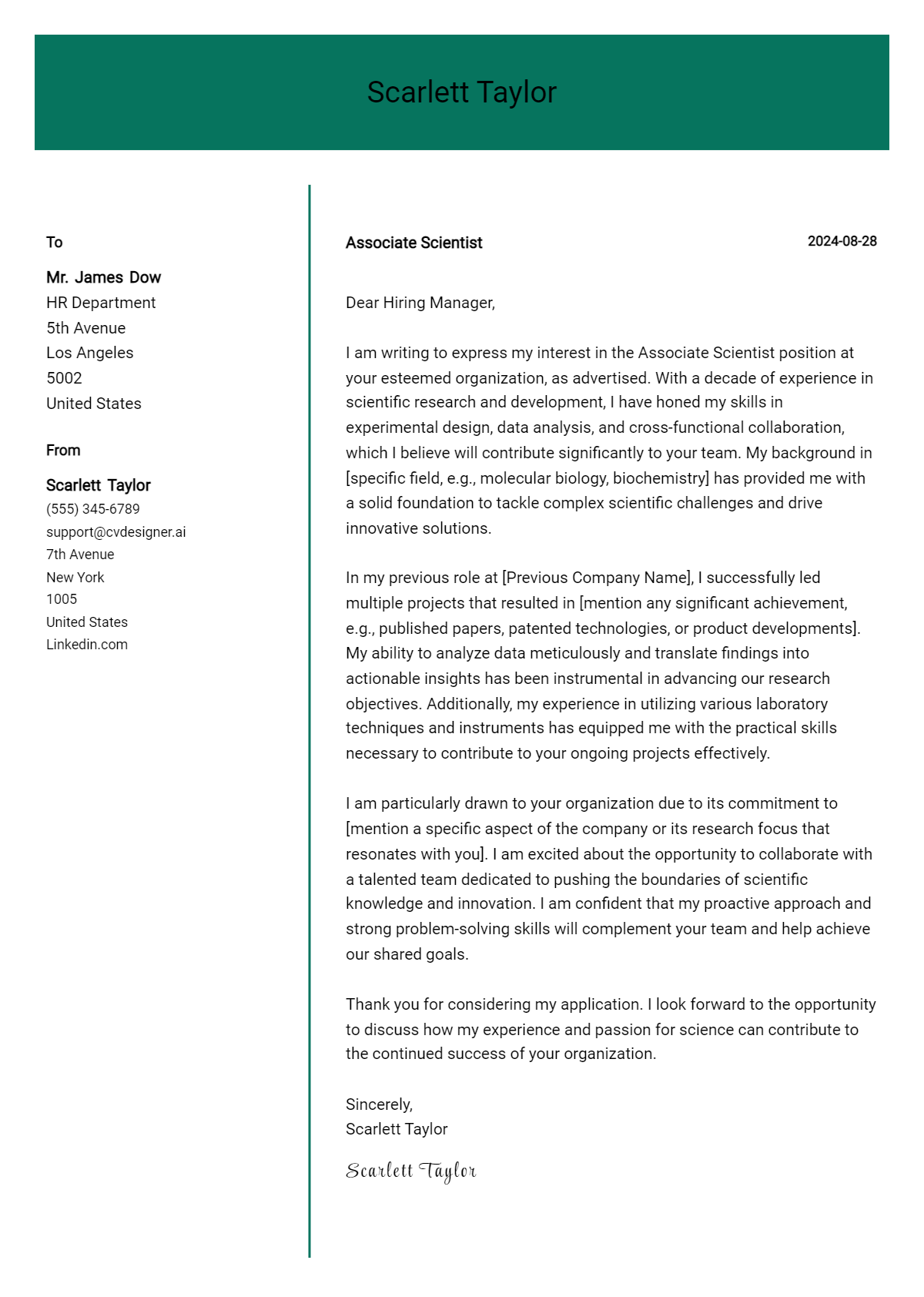 Associate Scientist Cover Letter Example for 2026: Top CV Skills Preview