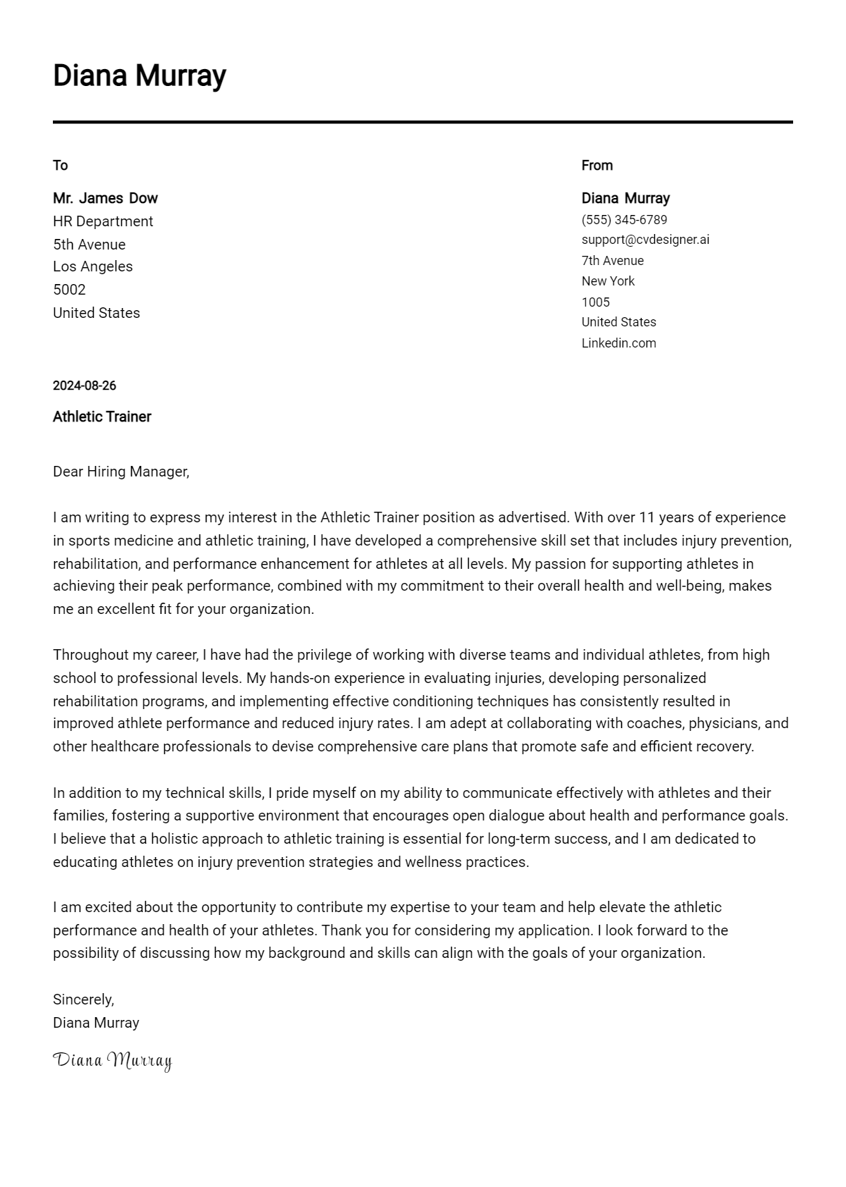 Athletic Trainer Cover Letter Example for 2026 (Free Templates) Preview