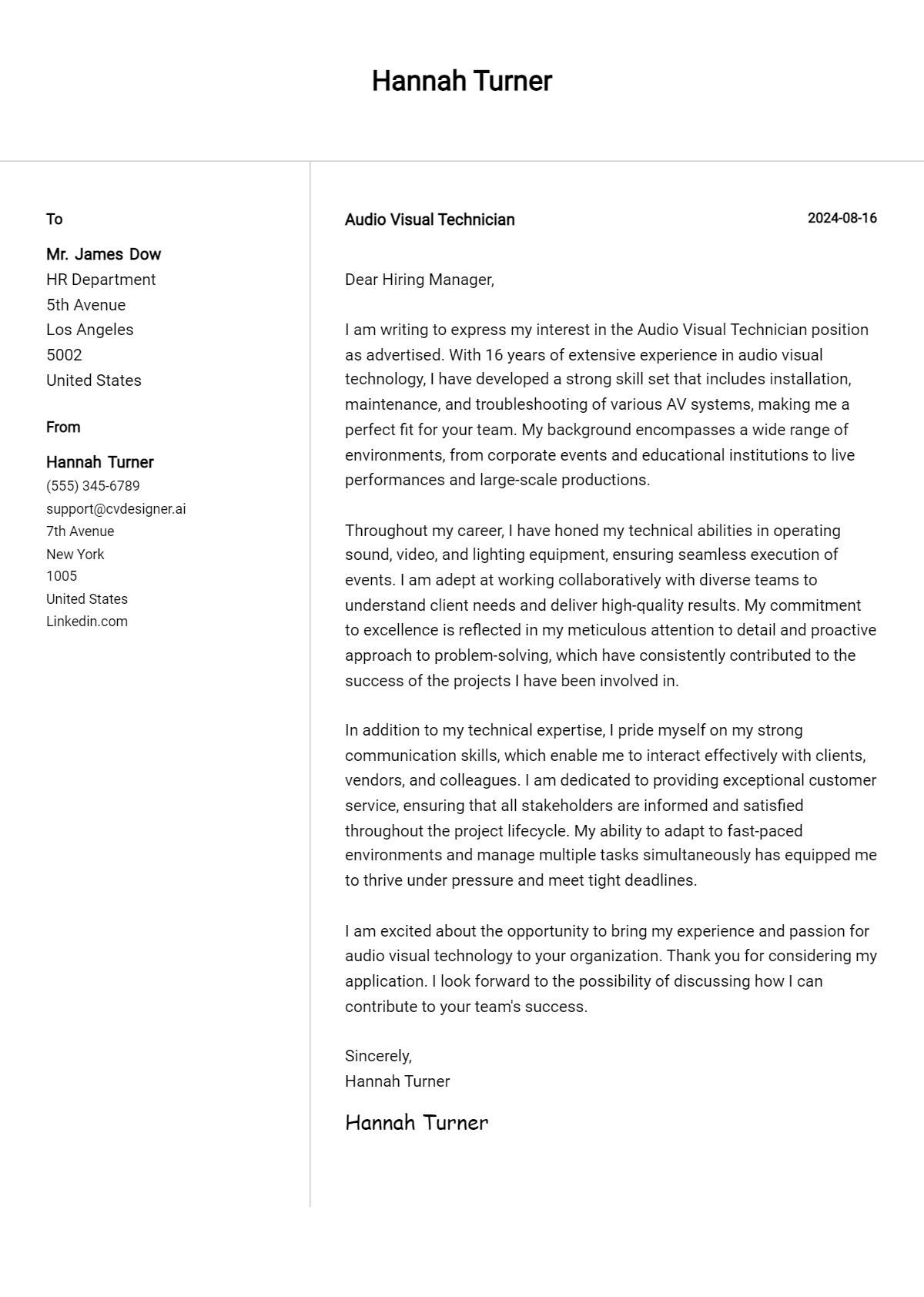 Audio Visual Technician Cover Letter Example for 2026 (Free Templates) Preview
