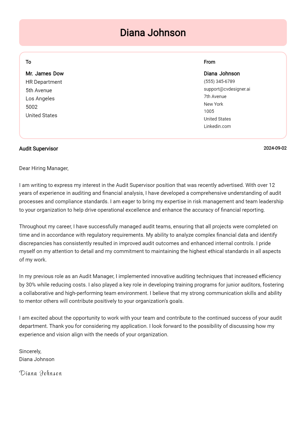 Audit Supervisor Cover Letter Example for 2026 (Writing Guide) Preview