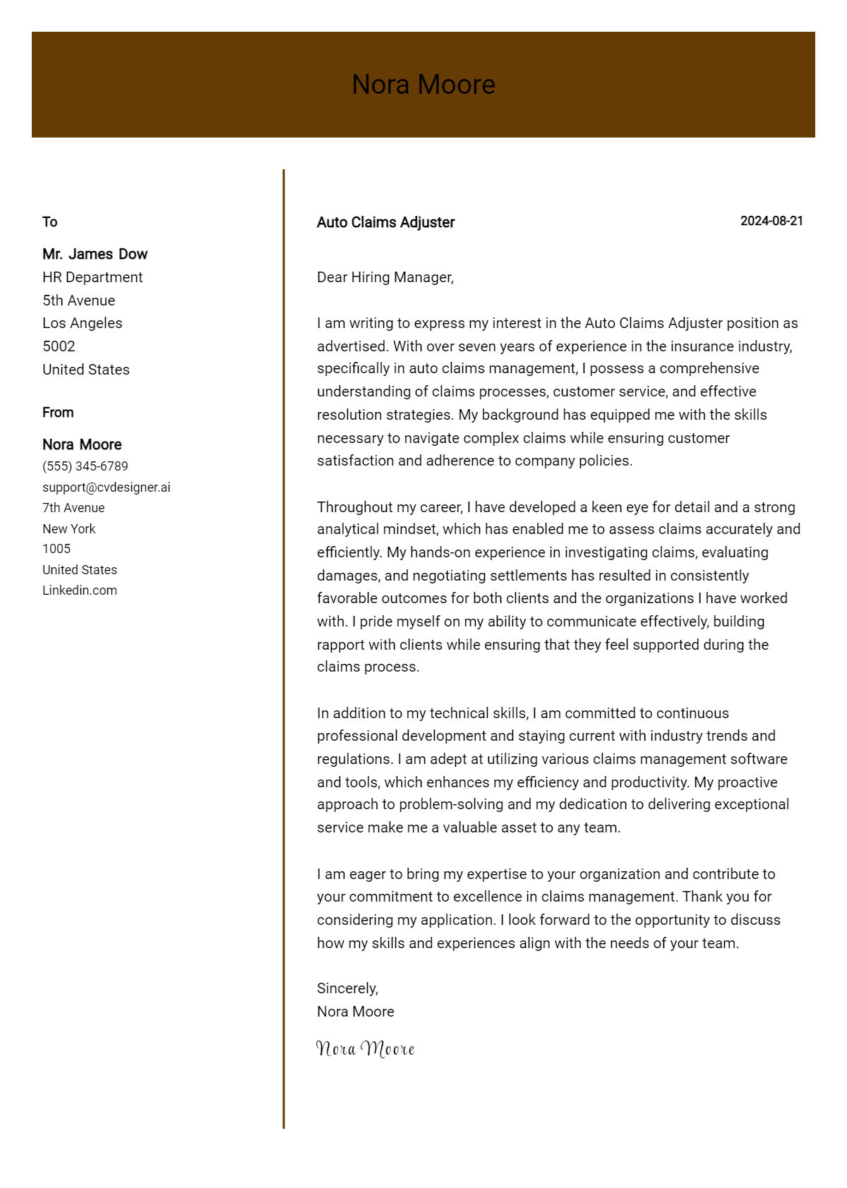 Auto Claims Adjuster Cover Letter Example for 2026 (Download Templates) Preview