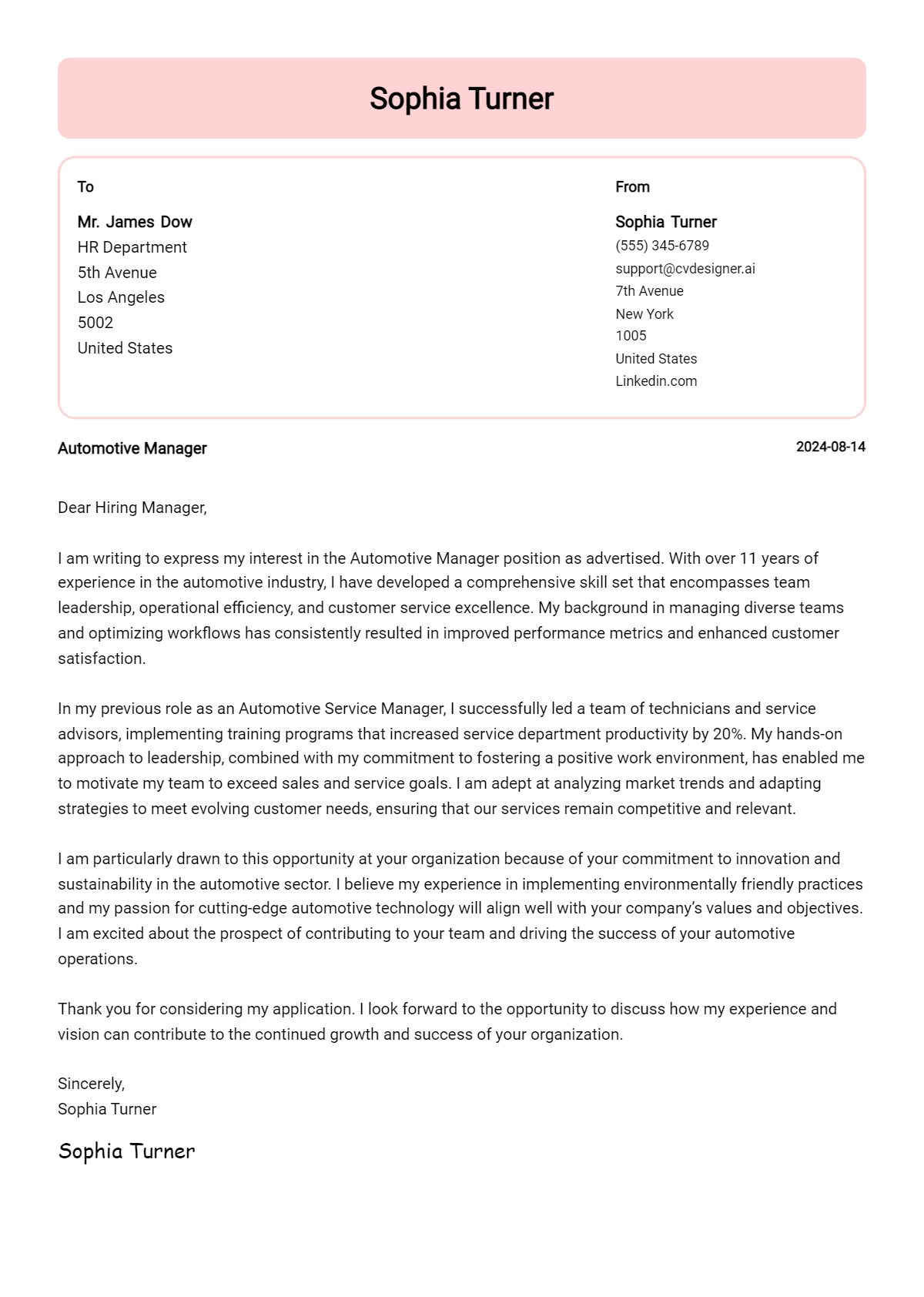 Automotive Manager Cover Letter Example for 2026: Tips & Templates Preview