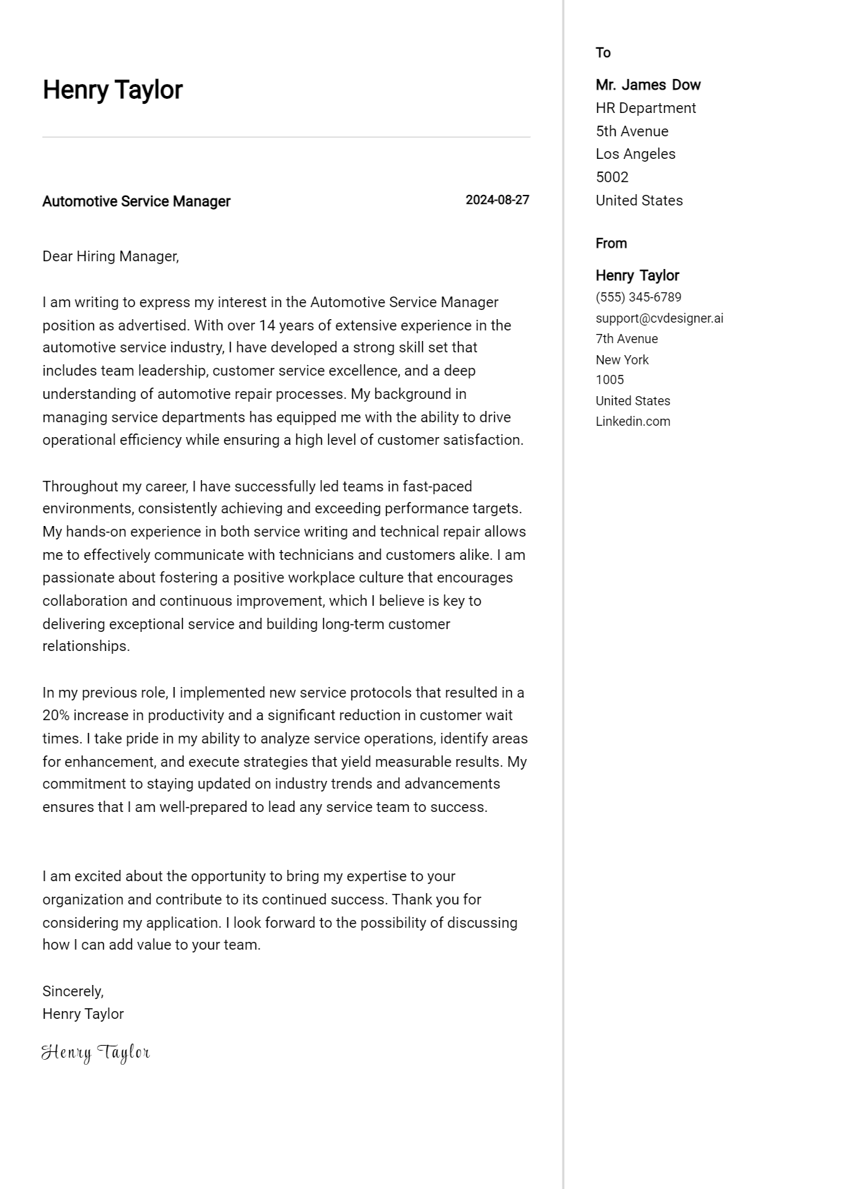 Automotive Service Manager Cover Letter Example for 2026 (Writing Guide) Preview