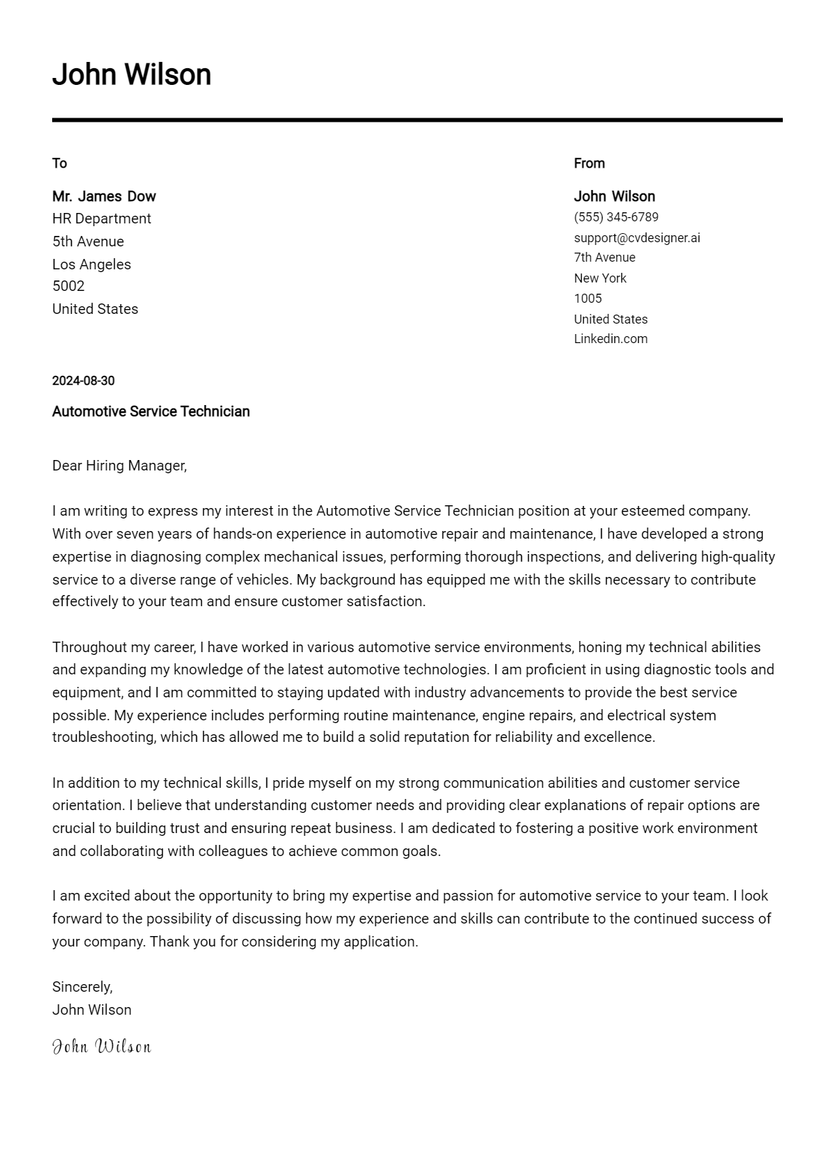 Automotive Service Technician Cover Letter Examples for 2026 (Downloadable) Preview
