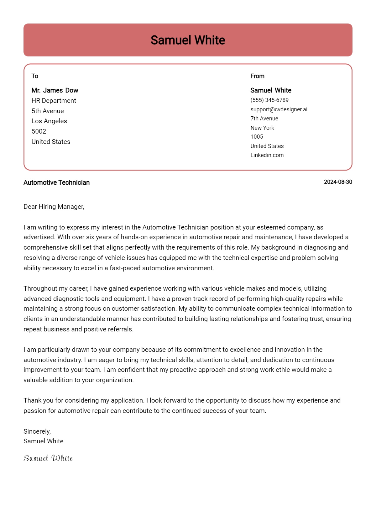 22 Automotive Technician Cover Letter Examples for 2026 (Writing Guide) Preview