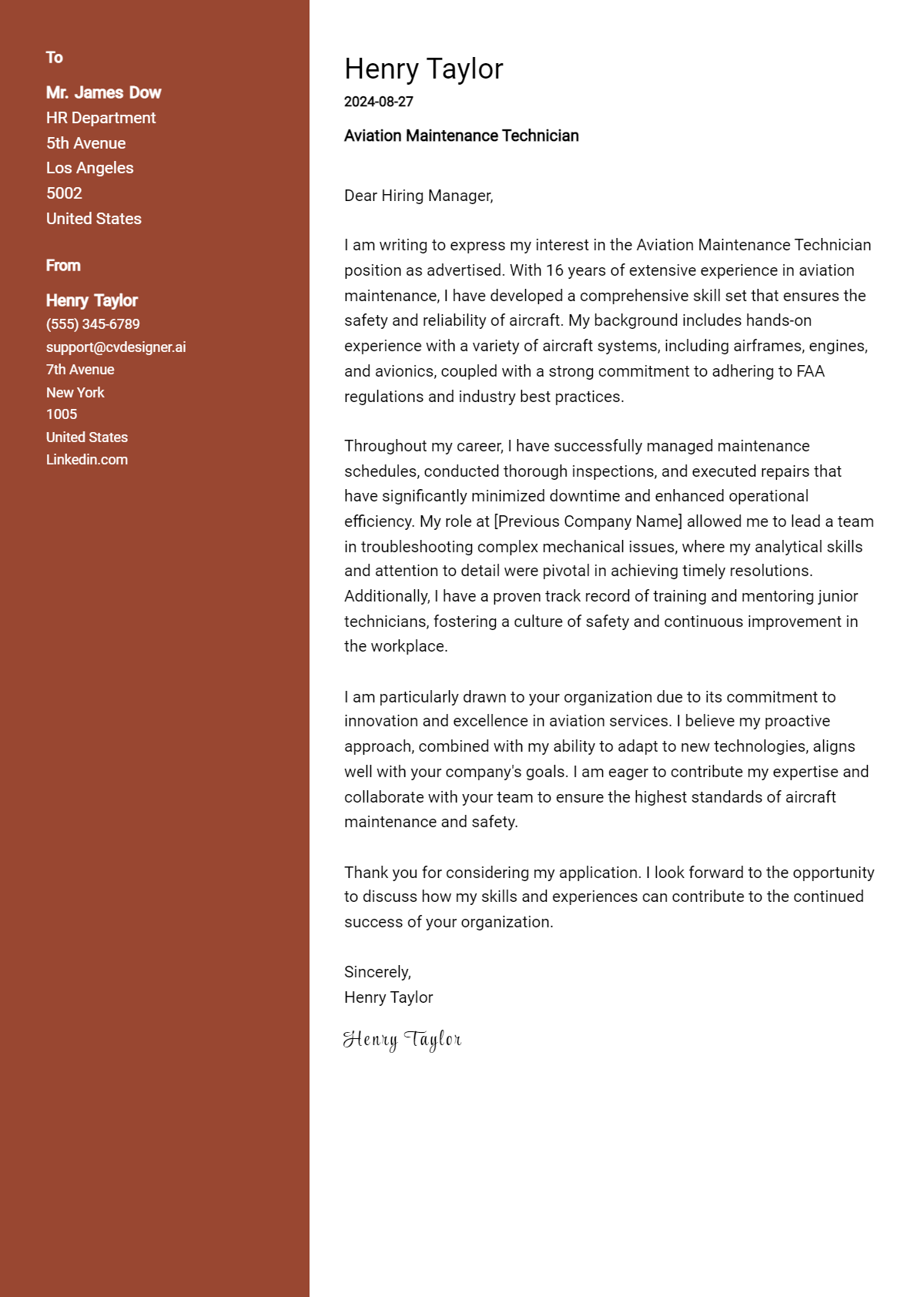 Aviation Maintenance Technician Cover Letter Samples & Examples 2026 Preview