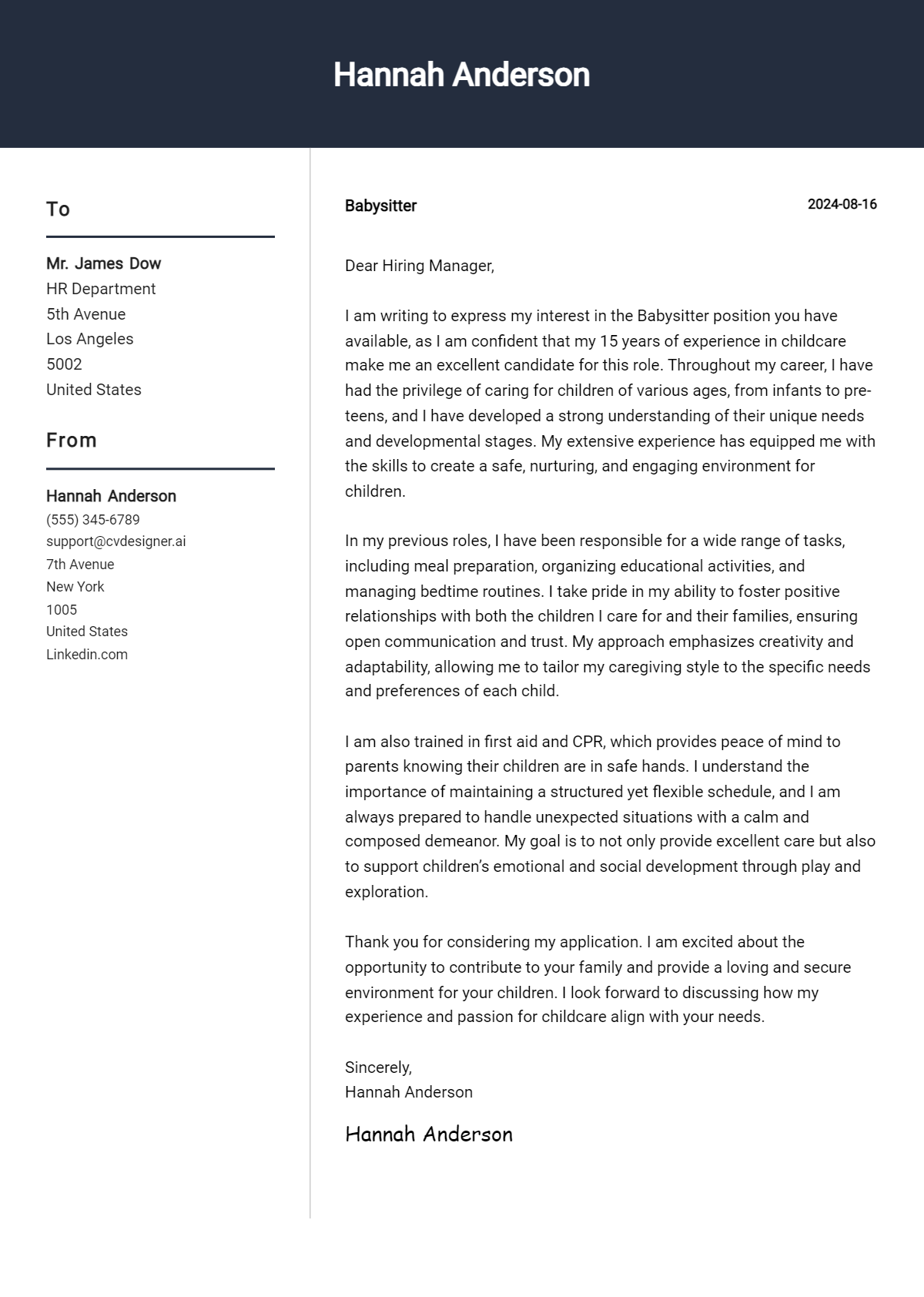 Babysitter Cover Letter Examples for 2026 (Downloadable) Preview
