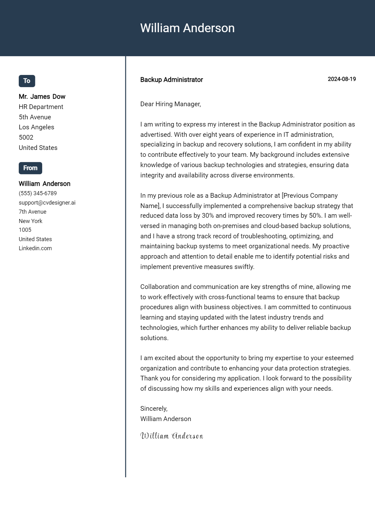 Backup Administrator Cover Letter Example for 2026 (Writing Guide) Preview