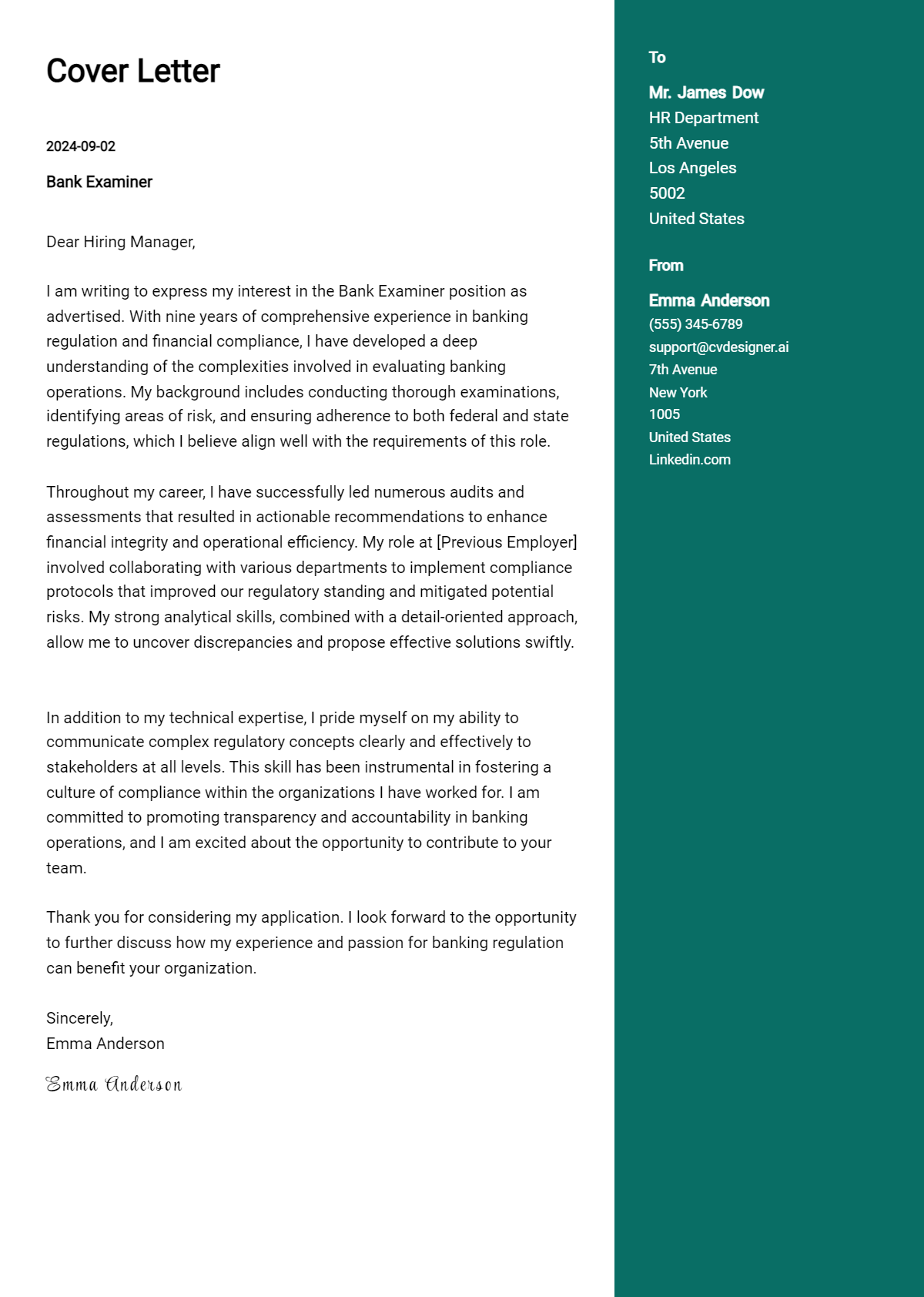 Bank Examiner Cover Letter Example for 2026 (Free Templates) Preview